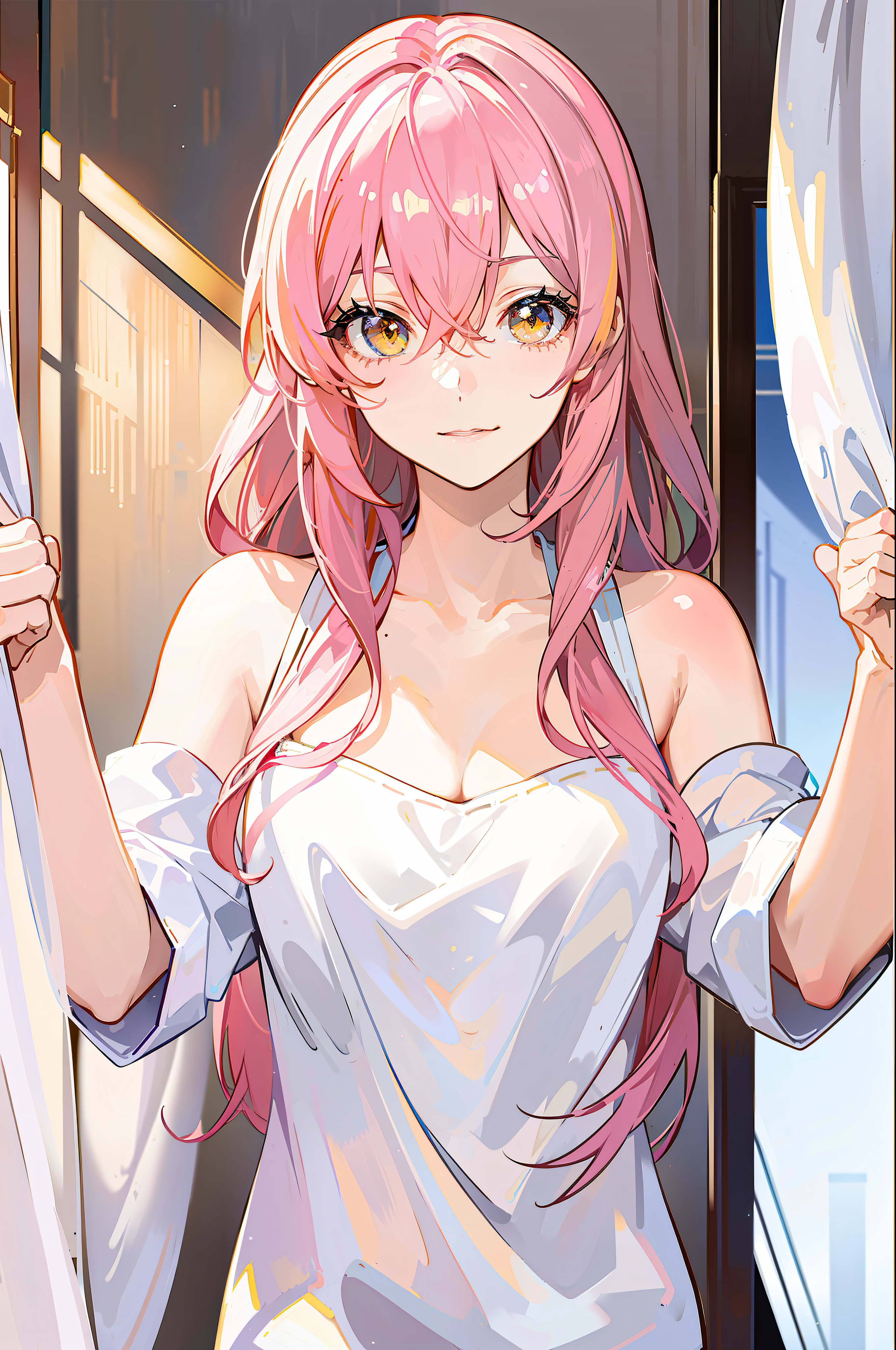 ,(Masterpiece:1.2, high quality), (pixiv:1.4),who,:3,uwu,
jougasaki mika, 1girl, curtain grab, pink hair, solo, looking at viewer, curtains, smile, long hair, hair between eyes, yellow eyes, nude, parted lips, bangs, upper body