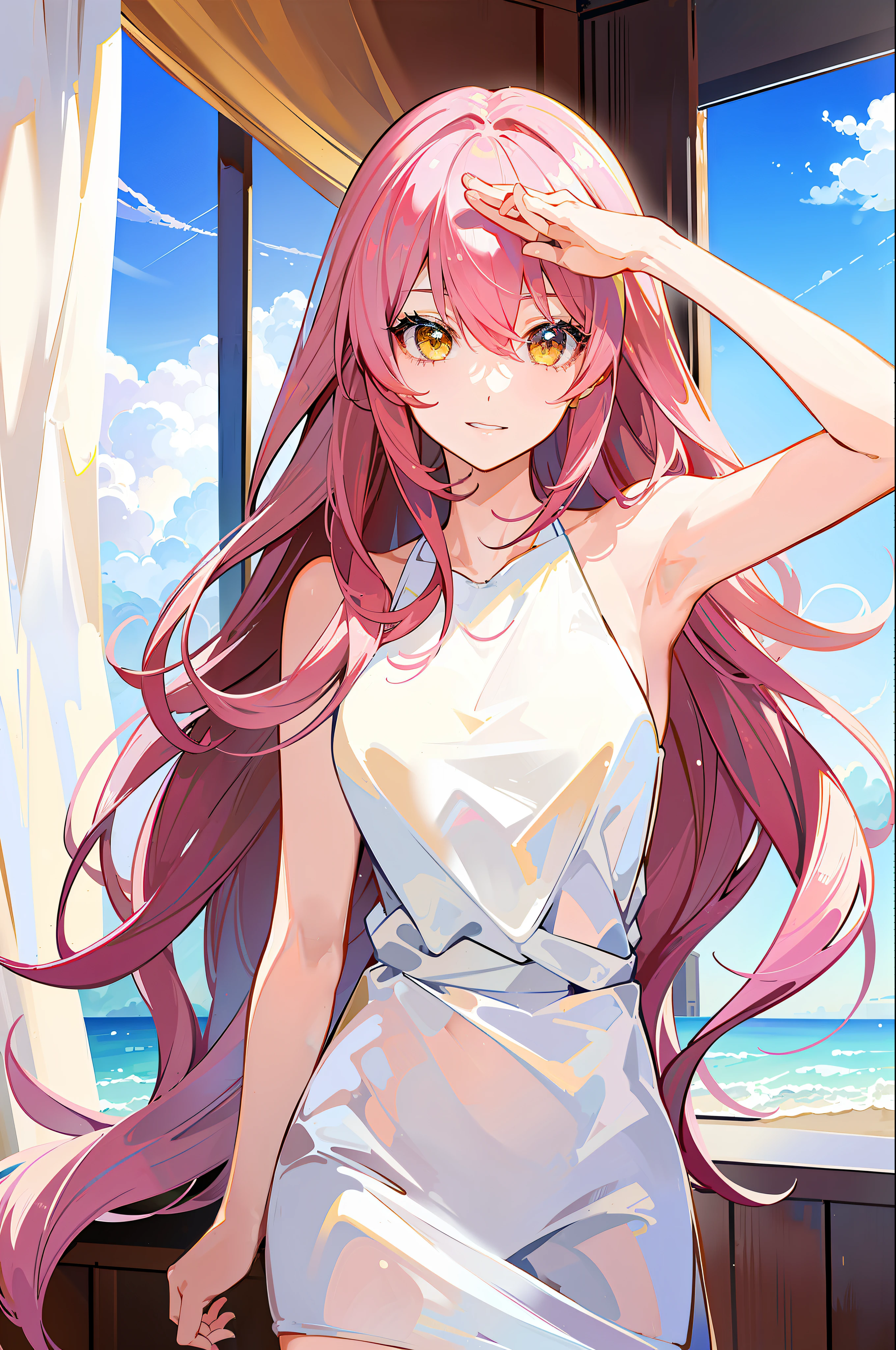 ,(Masterpiece:1.2, high quality), (pixiv:1.4),who,:3,uwu,
jougasaki mika, 1girl, curtain grab, pink hair, solo, looking at viewer, curtains, smile, long hair, hair between eyes, yellow eyes, nude, parted lips, bangs, upper body