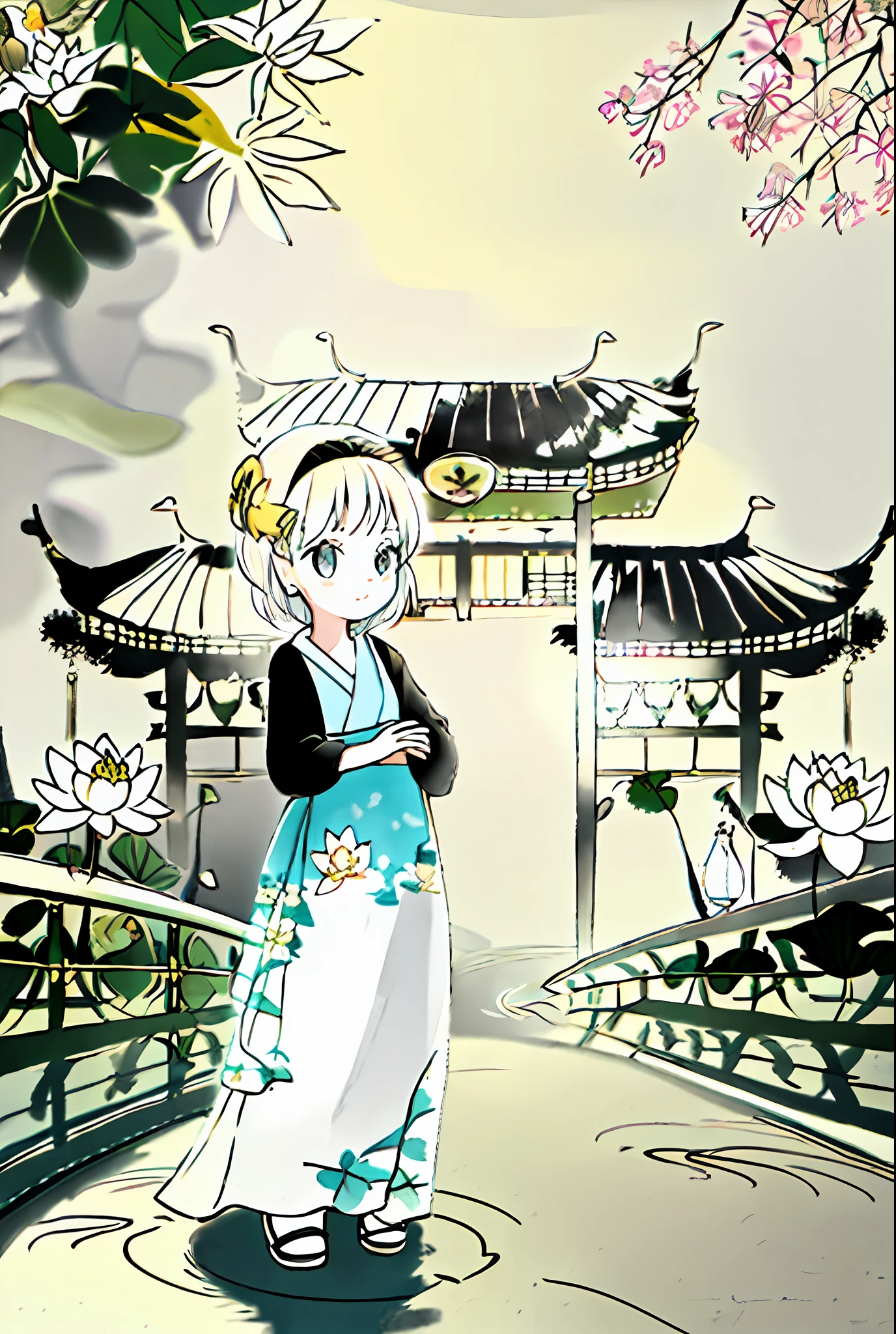 A stands on a bridge, under which is a lotus pond, in the distance there is a torii, there are houses, delicate faces, lotus flowers, lotus leaves, branches, colors, vitality, beauty, contrast, nature, life force, sunlight. Beautiful atmosphere, harmonious and comfortable integration
