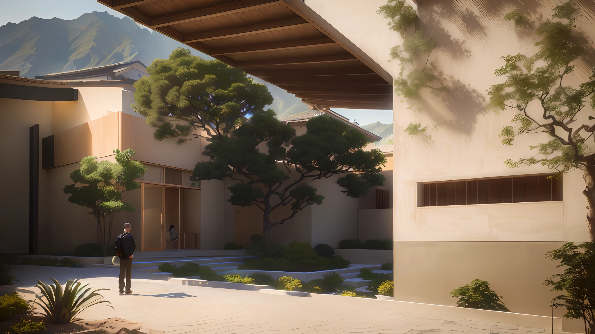 there is a KID standing in front of a building, rammed earth courtyard, health spa and meditation center, rendered in VRAY, architectural visualisation, architectural render, rendered in enscape, architectural rendering, japanese house, architectural visualization, rendered in corona, a photorealistic rendering, realistic physical rendering, rendered in lumion, beautifully detailed render, HIGH SOLUTION, VIETNAMESE STYLE