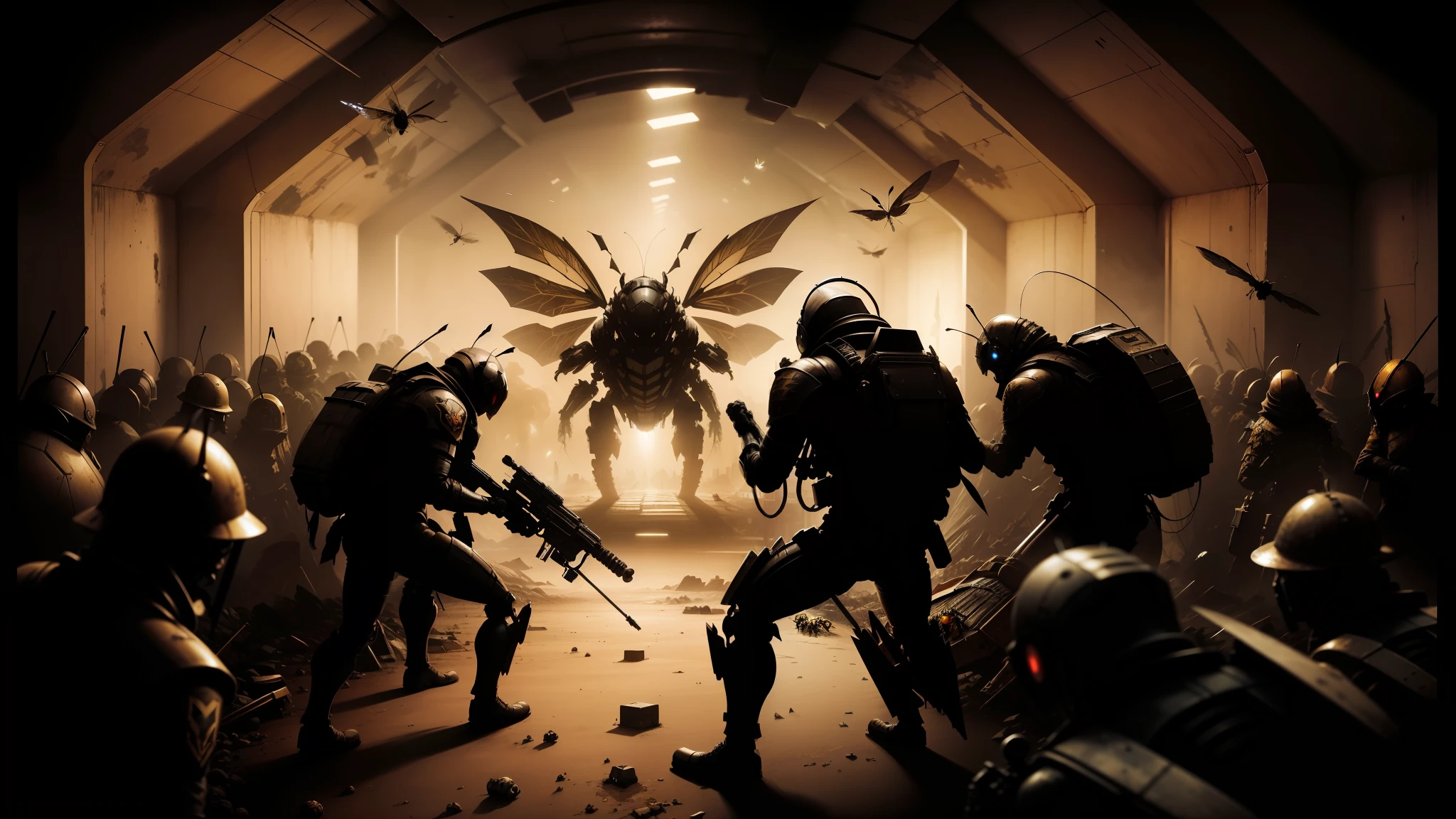 soldiers in a tunnel with a giant insect in the background, techno artwork, syndicate(2012), promotional render, insect wings, aftermath of a huge battle, concept art of love, (bee), bleak apocalyptic style, bugbear, mcfarlane, coxcomb, metamorphose, moloch --auto --s2