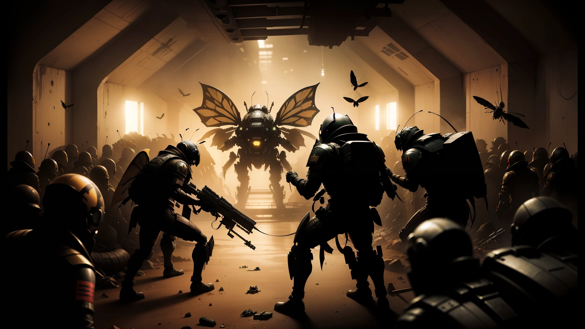 soldiers in a tunnel with a giant insect in the background, techno artwork, syndicate(2012), promotional render, insect wings, aftermath of a huge battle, concept art of love, (bee), bleak apocalyptic style, bugbear, mcfarlane, coxcomb, metamorphose, moloch --auto --s2