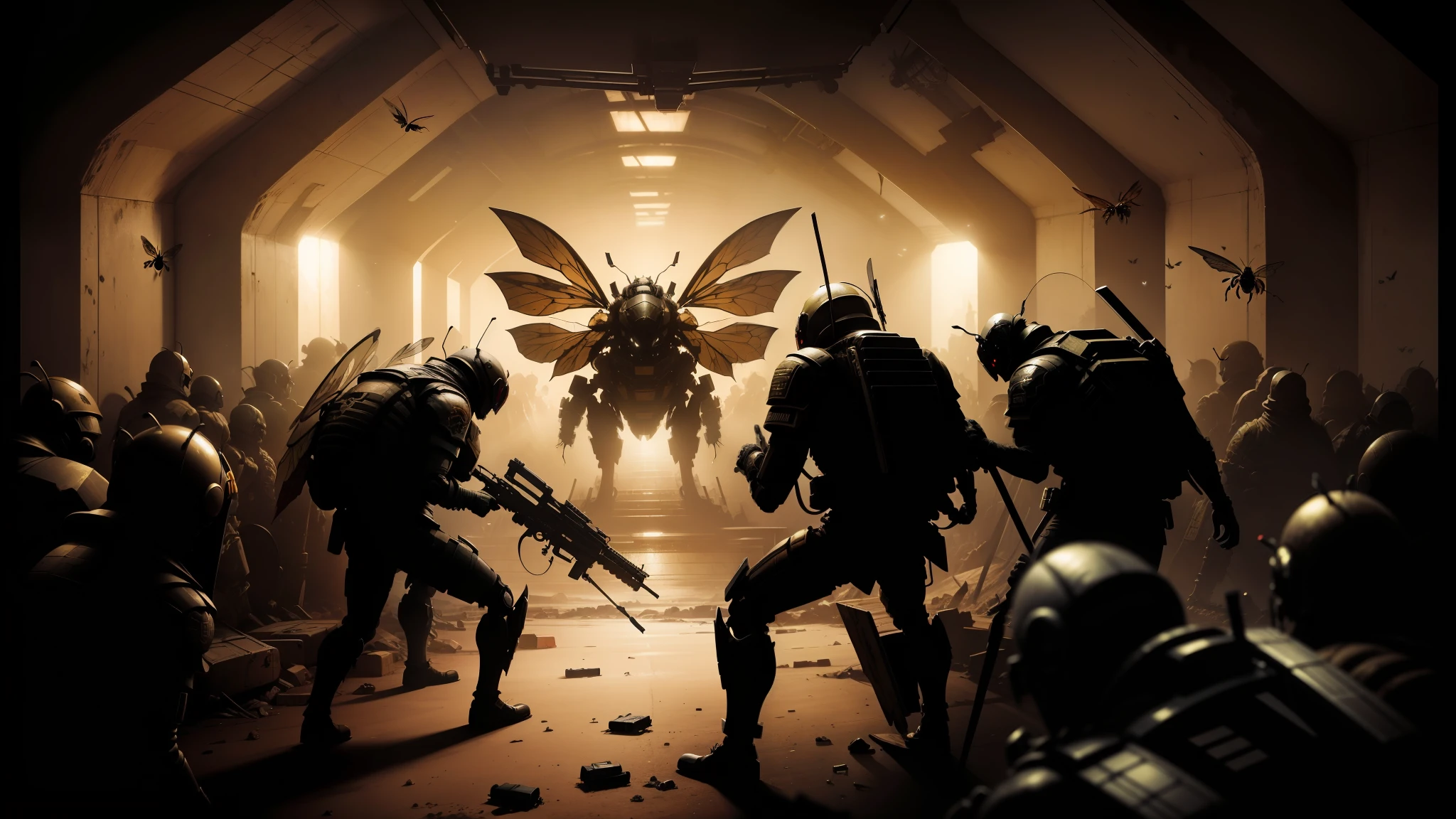 soldiers in a tunnel with a giant insect in the background, techno artwork, syndicate(2012), promotional render, insect wings, aftermath of a huge battle, concept art of love, (bee), bleak apocalyptic style, bugbear, mcfarlane, coxcomb, metamorphose, moloch --auto --s2