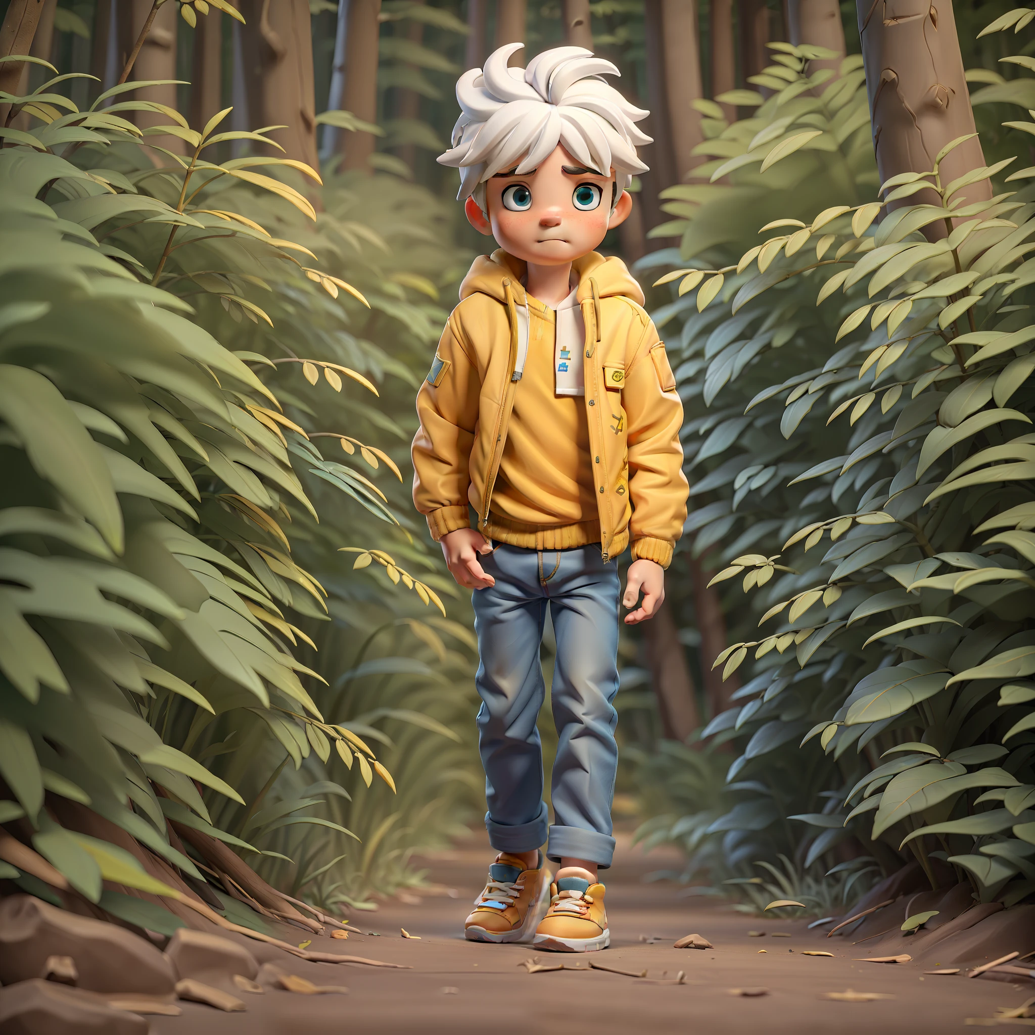 (Little boy with white hair: 1.3), (from the front), wearing a yellow jacket on the upper body and jeans on the lower body, walking in the forest, cartoon style, ultra-clear picture quality, perfect details