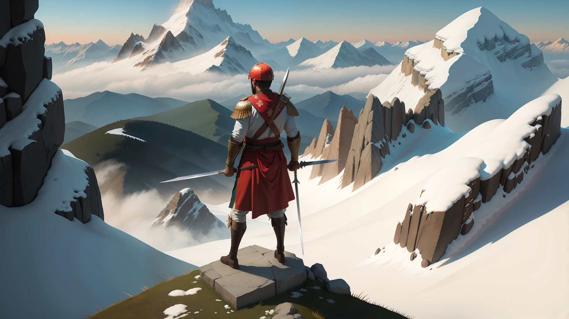Roman soldier standing, holding a sword high on a mountain, beautiful landscape of a saw.