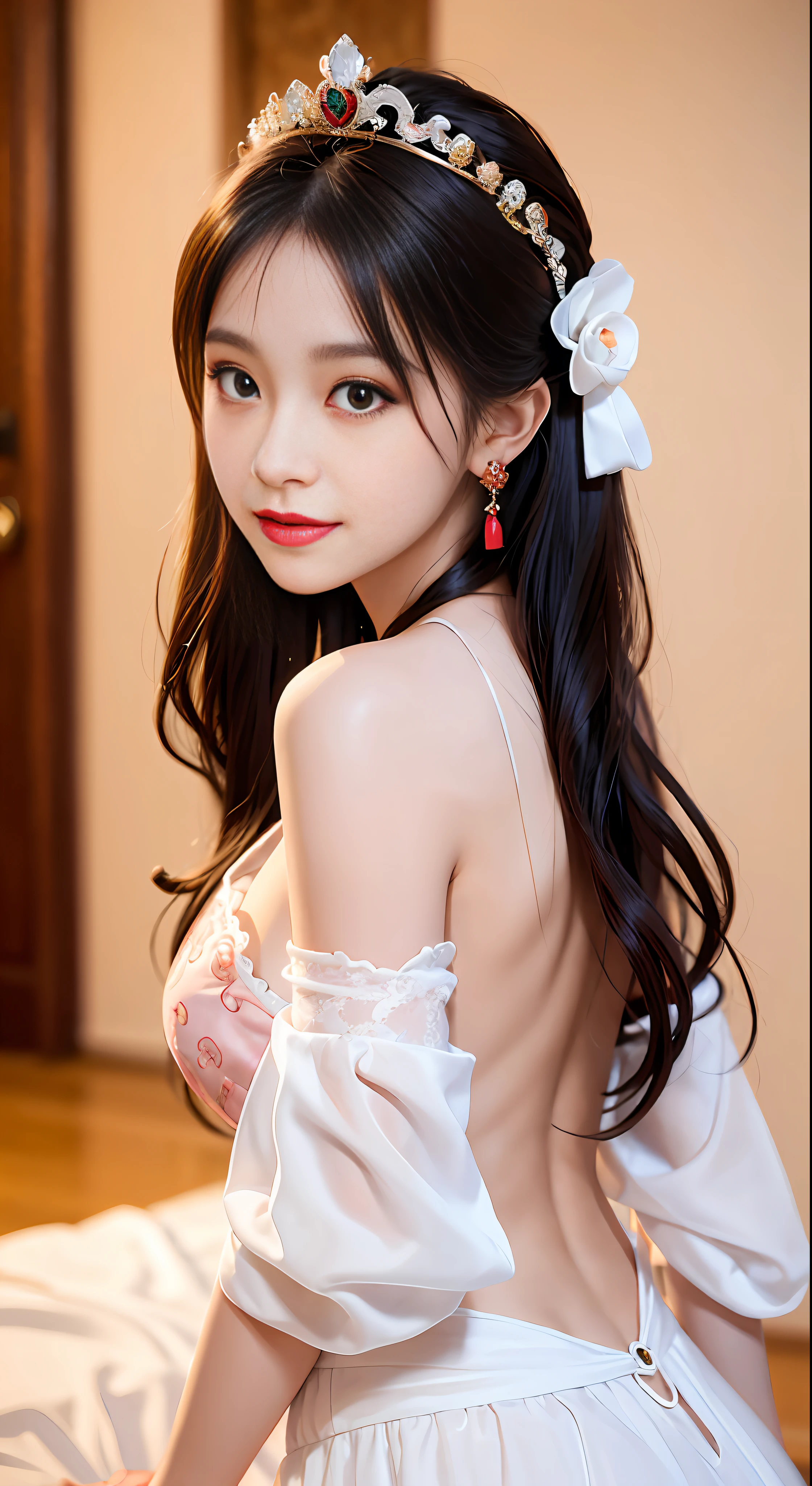 1 young empress wearing a red lace top, a deep-breasted nightgown, a Chinese-style dress, an ancient costume with many phoenix patterns, a spotless pinkish-white face, a crown on her head, and hip-length black hair , very beautiful and sharp brown eyes, small red lips, painted lips, charming smile, jewelry worn around the neck, earrings, white and even teeth, high nose, big round breasts, the girl's body is covered with water on chest, slim legs, thin mesh black socks, portrait, most realistic, highest quality, best pixels, 8k ultra ,