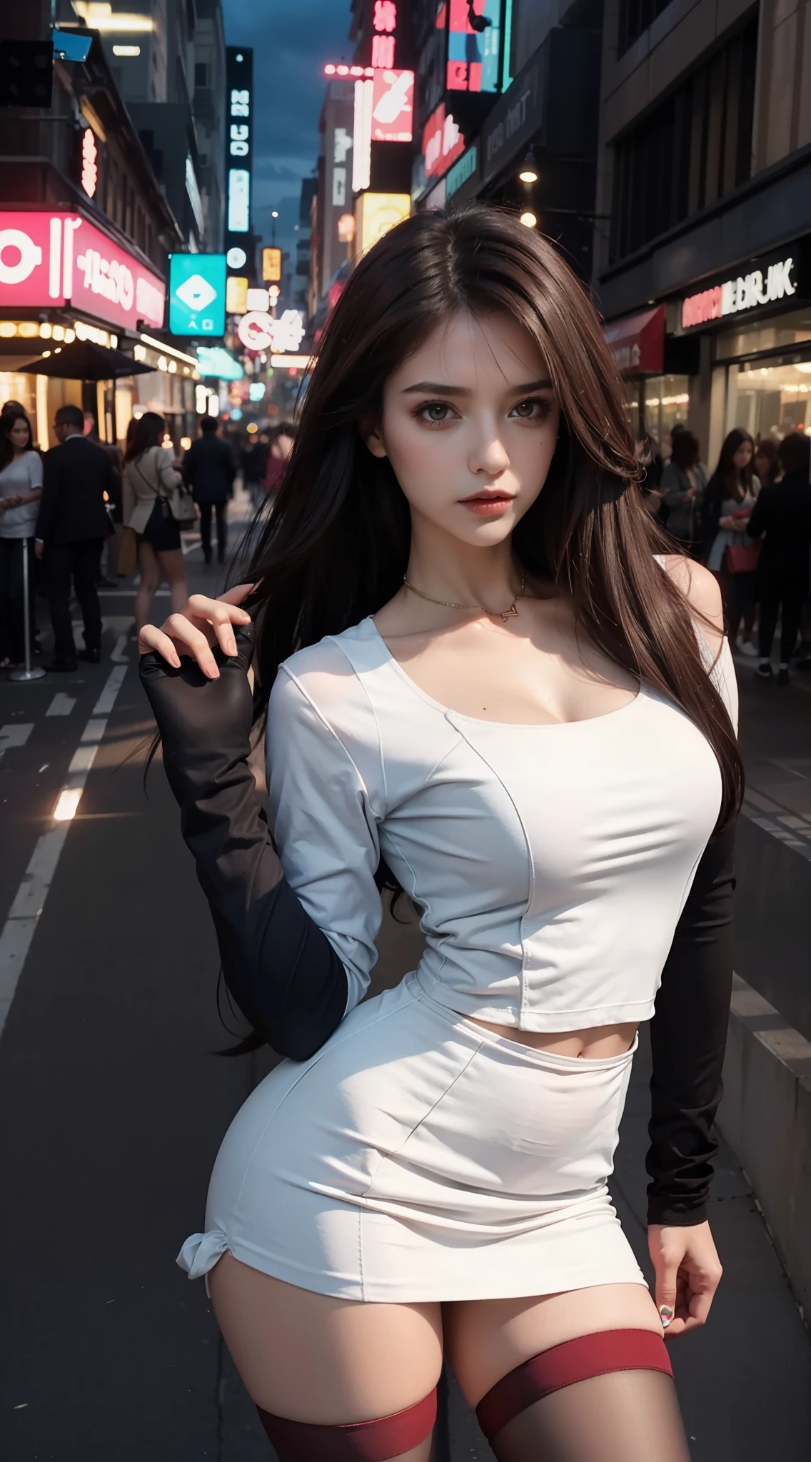 ((Realistic lighting, Best quality, 8K, Masterpiece: 1.3)), Clear focus: 1.2, 1girl, Perfect body beauty: 1.4, Slim abs: 1.1, ((dark brown hair)), (pink armory dress: 1.4), (Outdoor, night: 1.4), City Street, Super Fine Face, Fine Eyes, Double Eyelids, (Over the knee red stockings: 1.5),neon effect
