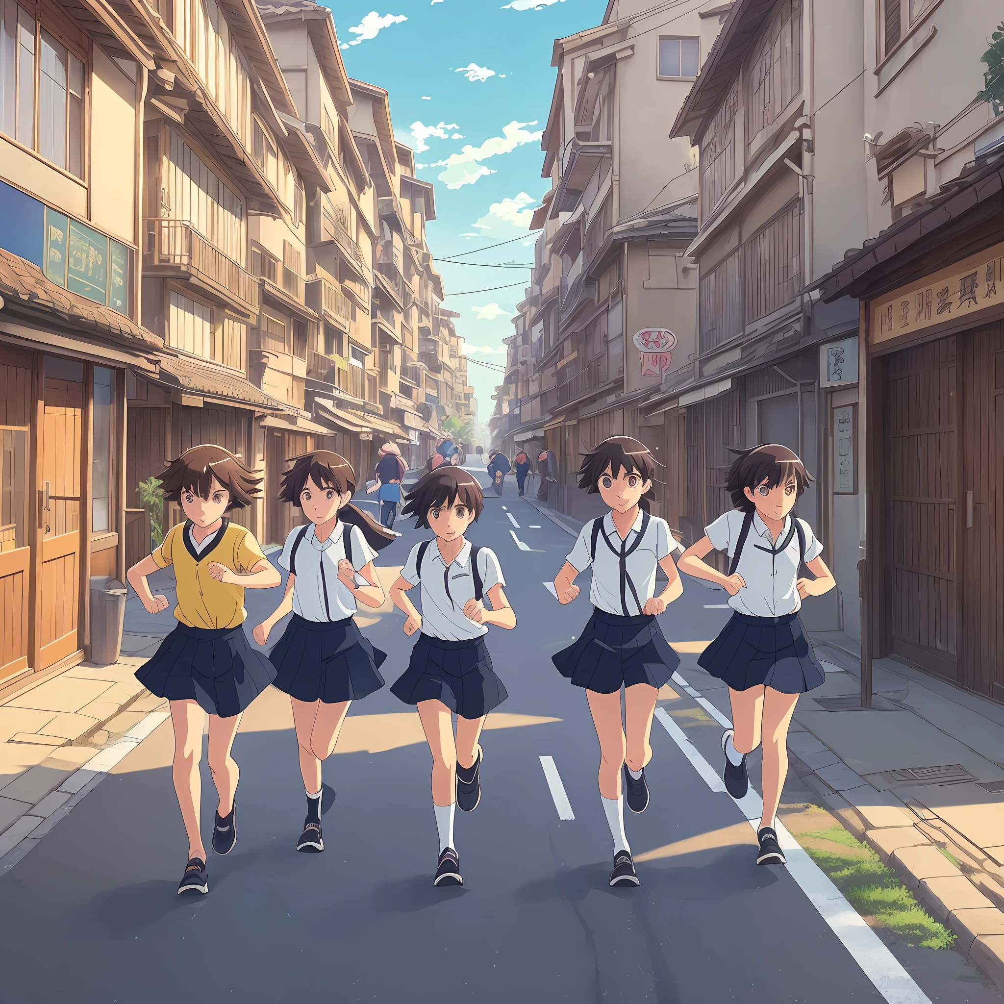 there is a poster of a group of children running in the street, in style of kyoto animation, the anime girl is running, in style of makoto shinkai, japanese animation style, makoto shinkai!, makoto shinkai style, makoto shinkai!!, ( ( makoto shinkai ) ), kyoto animation key visual, makoto shinkai movie --auto --s2
