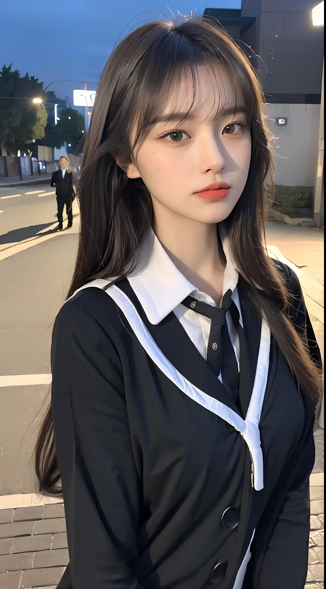 ((Best Quality, 8K, Masterpiece:1.3)), Focus:1.2, Perfect Body Beauty:1.4 , ((Air Bangs:1.2)), (night, Street:1.3), Highly detailed face and skin texture, Fine eyes, Double eyelids, Whitened skin, (Long hair: 1.3), (Round face: 1.5), (Uniform: 1.6)