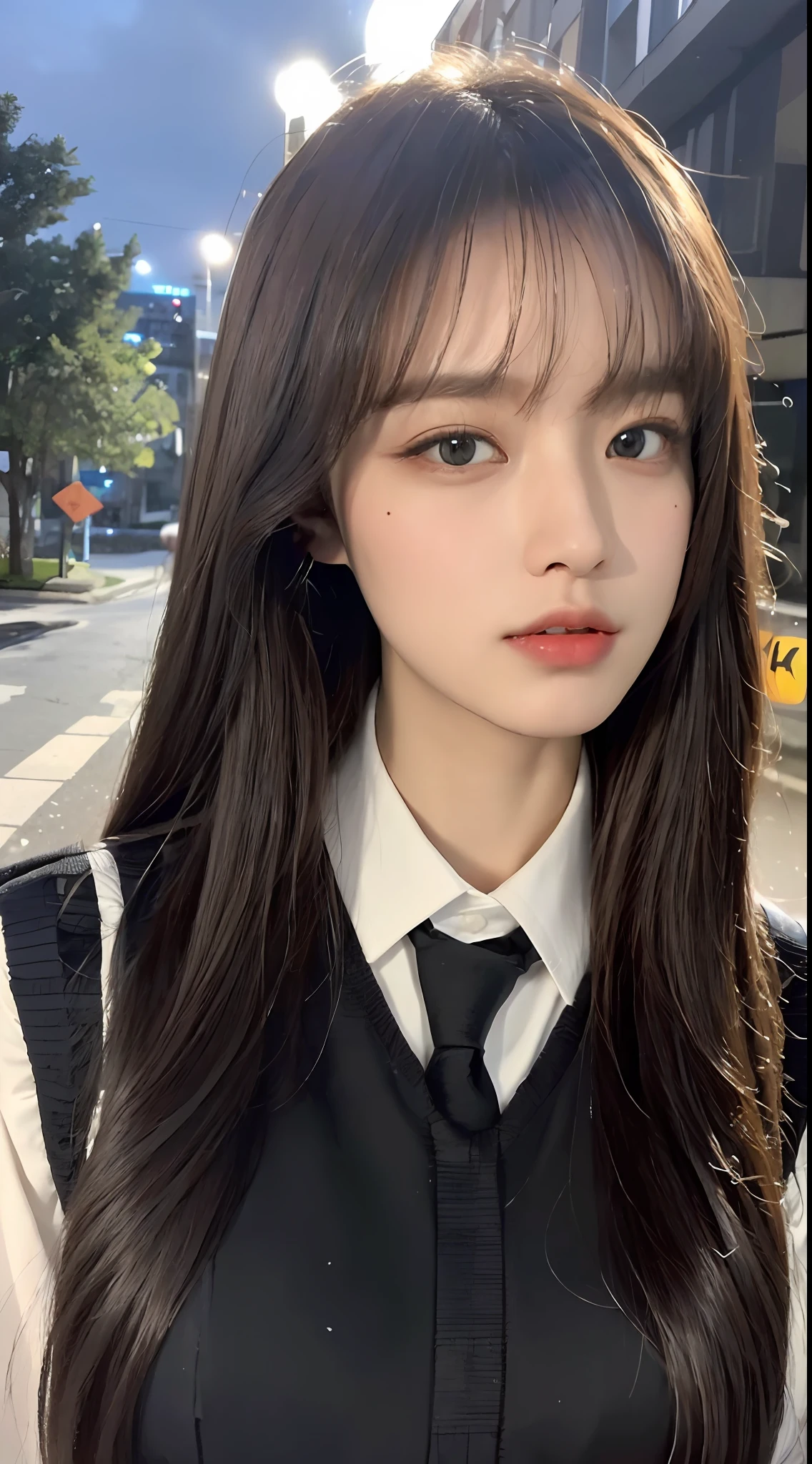 ((Best Quality, 8K, Masterpiece:1.3)), Focus:1.2, Perfect Body Beauty:1.4 , ((Air Bangs:1.2)), (night, Street:1.3), Highly detailed face and skin texture, Fine eyes, Double eyelids, Whitened skin, (Long hair: 1.3), (Round face: 1.5), (Uniform: 1.6)