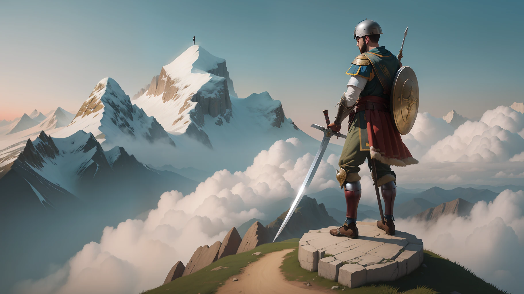 Roman soldier standing, holding a sword high on a mountain, beautiful landscape of a saw.