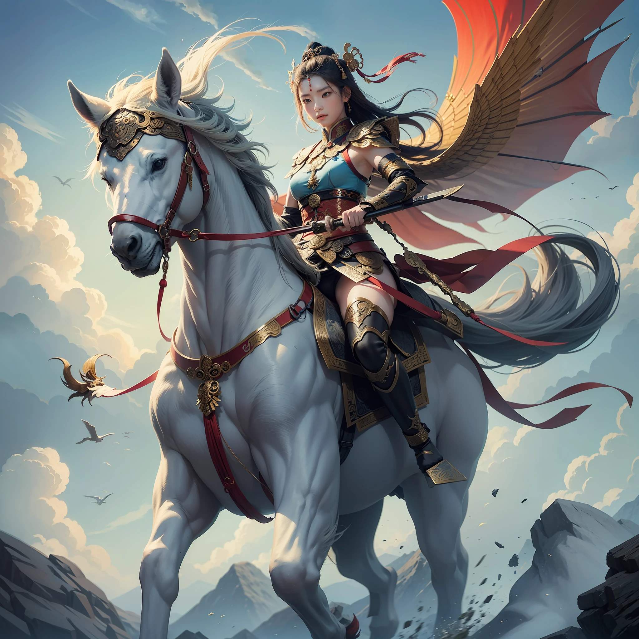 Ancient Chinese mythological figure, a man and a woman, riding on a divine beast with weapons in hand, looking into the distance with a magnificent sky in the background --auto --s2