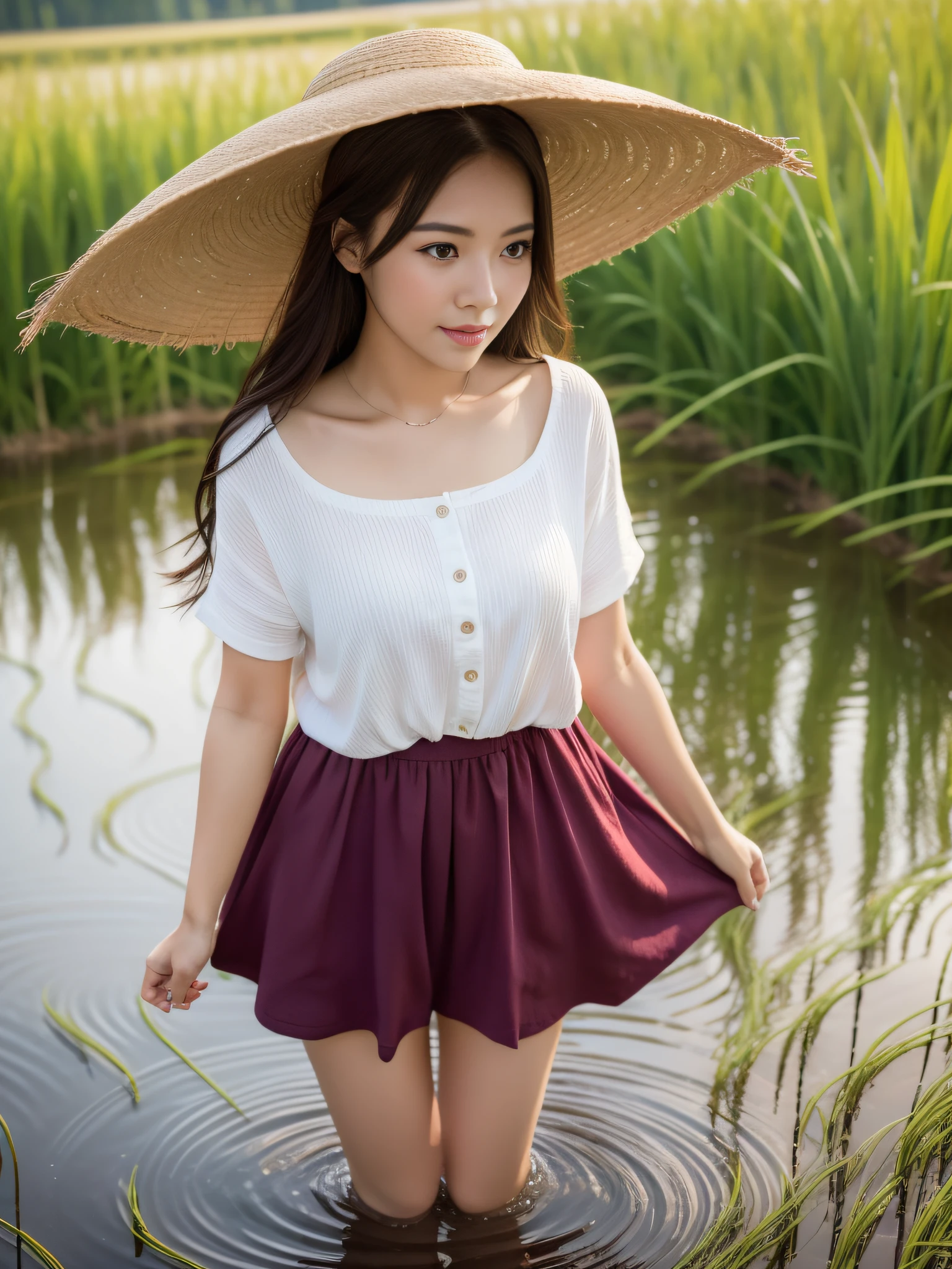 full body,On a rainy evening, after the rain had stopped, a beautiful girl dressed in simple clothing stood in a winding rice paddy. The red sunset illuminated the field, casting a reflection in the still water. The girl held a basket on her arm and gazed into the distance. This image captures a close-up portrait of the girl's upper body, from above her knees up.