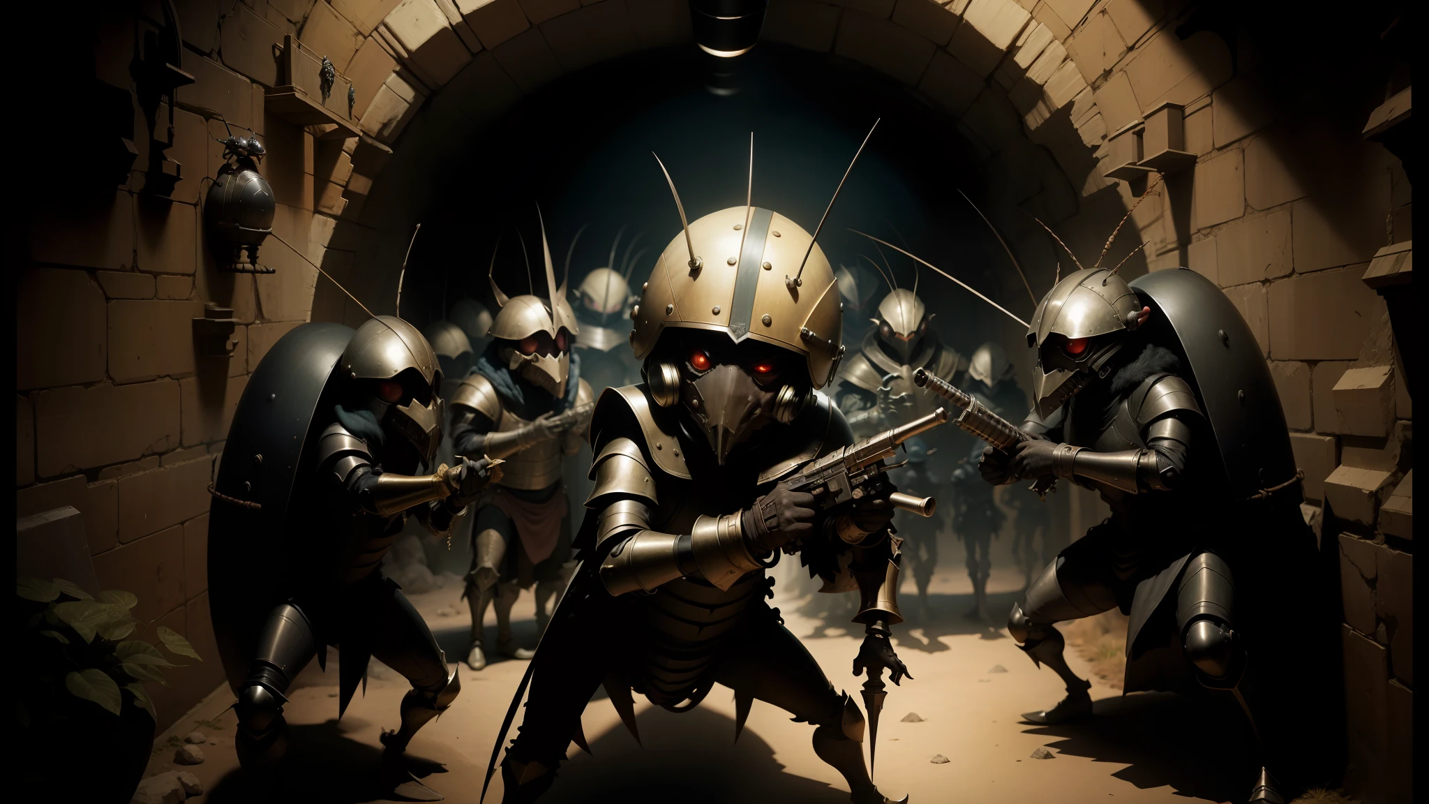 there are many people dressed in armor and helmets in a tunnel, cockroach character, animation film still, reptoids, jean paul gaultier, in formation, by Matteo Pérez, yokai, [ scifi, ultra definition, pelzebug, concept image, peter jackson, fig.1, torches, goblins --auto --s2