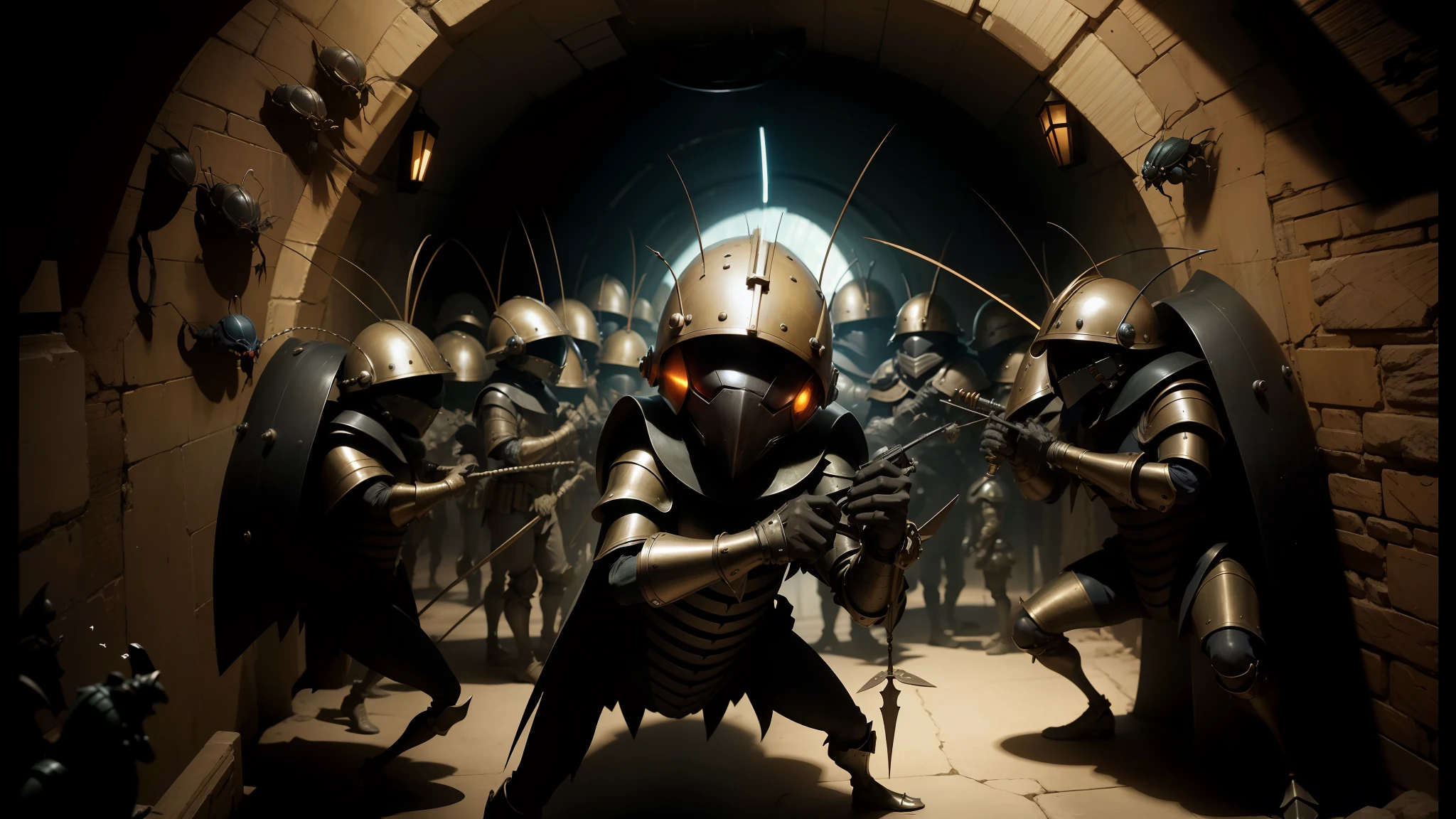 there are many people dressed in armor and helmets in a tunnel, cockroach character, animation film still, reptoids, jean paul gaultier, in formation, by Matteo Pérez, yokai, [ scifi, ultra definition, pelzebug, concept image, peter jackson, fig.1, torches, goblins --auto --s2