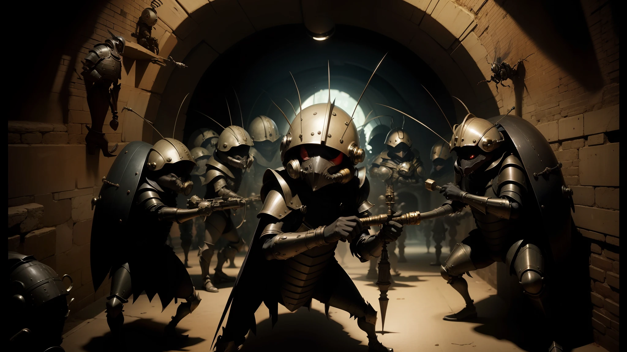 there are many people dressed in armor and helmets in a tunnel, cockroach character, animation film still, reptoids, jean paul gaultier, in formation, by Matteo Pérez, yokai, [ scifi, ultra definition, pelzebug, concept image, peter jackson, fig.1, torches, goblins --auto --s2
