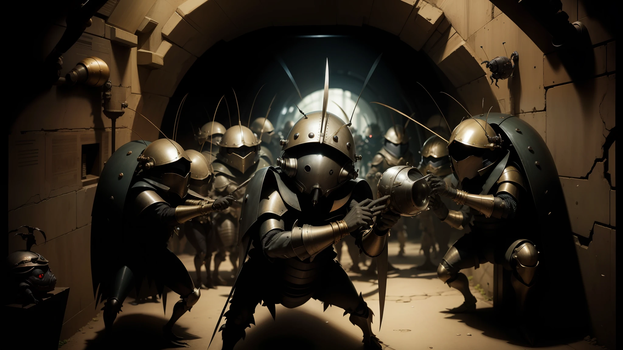 there are many people dressed in armor and helmets in a tunnel, cockroach character, animation film still, reptoids, jean paul gaultier, in formation, by Matteo Pérez, yokai, [ scifi, ultra definition, pelzebug, concept image, peter jackson, fig.1, torches, goblins --auto --s2