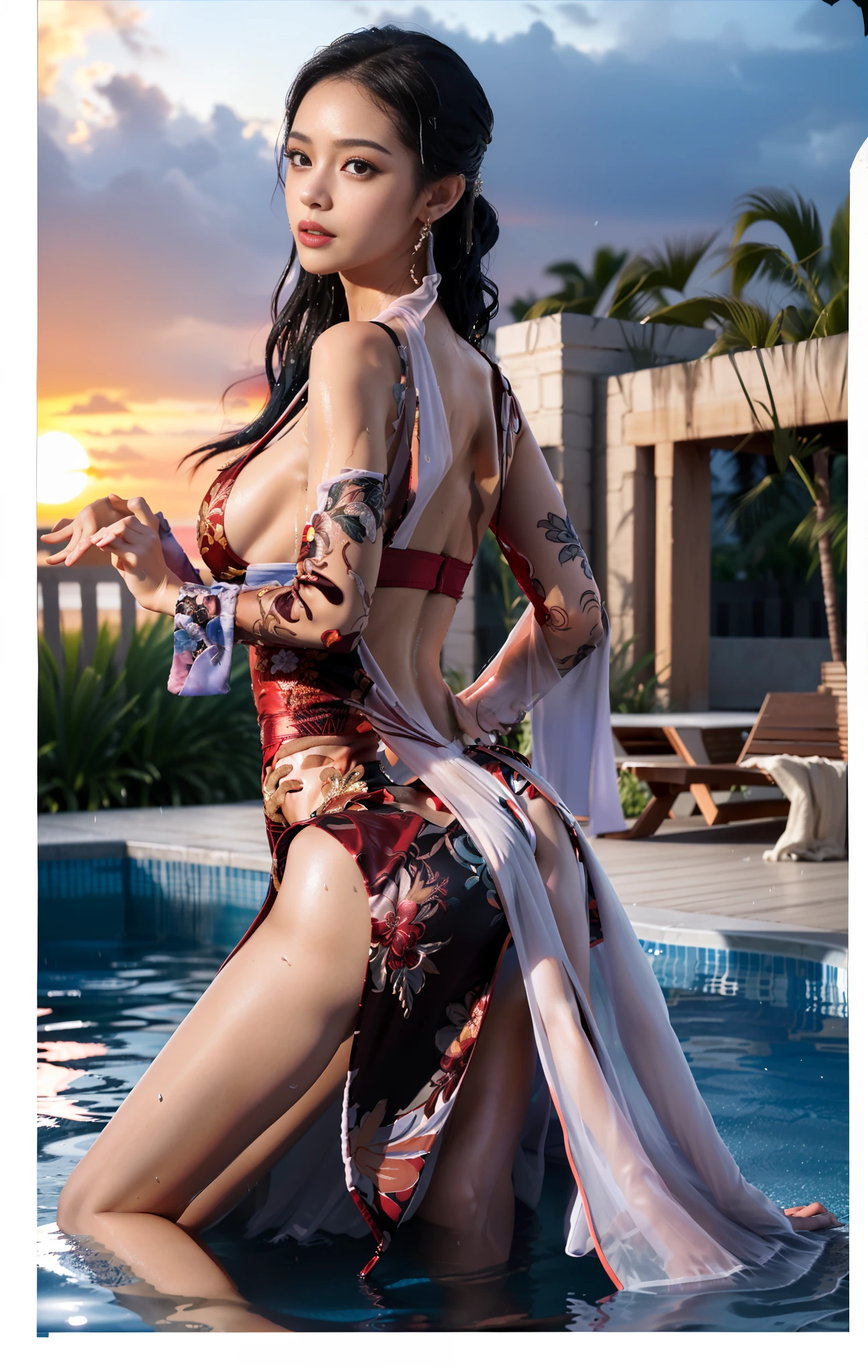 Boa Hancock (One Piece), Realism, Painting, (Best Quality, 4K, Masterpiece: 1.4), Beautiful Woman, Surreal, 1 Girl, ((Looking Back at the Sunset)), (Sagging Breasts, Attractive Body: 1.6), Sit-ups: 1.1, Long Black Hair: 1.8, (Wet Rain, Rain Wet: 1.7), Ultra-detailed face, detailed lips, detailed eyes, double eyelids, sexy low-necked dress, open neckline, hanging breasts, side pose, visible curves, pool party, poolside, red transparent robe, muscle-turning legs