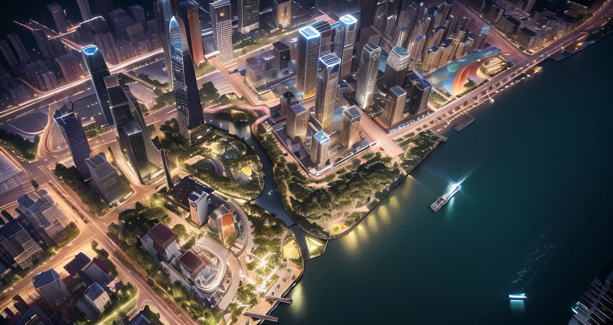 arafly city skyline view, a river in foreground, Guangzhou city, Guangzhou, China, skyline display, skyline, from China, trend, 3D model HD rendering, architectural rendering, Unreal Engine rendering, surrealism, skyscrapers, soothing tones, chinese dreamland, octane rendering, spectacular clouds, fantasy clouds. Part looking to the left, Huancheng, Guangzhou Financial City. Chinese architecture,. The bustling tech building is beyond imagination. Inspired by Shinkai's sought-after concept art and masterpieces on PixiV, vision (wide-angle lens), ultra-high resolution (authenticity: 1.4), ultra-high quality, enhanced detail. Extremely detailed CG Unity 8k wallpapers, aesthetics, award-winning photography, realism, high detail, intricacies, art of travel, realistic 3D animation style, landscape concept art, ultra-high resolution (realism: 1.4), aesthetics, focus, high quality, vivid colors, beautiful reflections, crystal clear water, award-winning photography, 3D lighting and beautiful cinematic lighting. Rich details, aerial view, top view, bird's nest shaped elliptical building, realistic, at night, skyscraper glossy, night