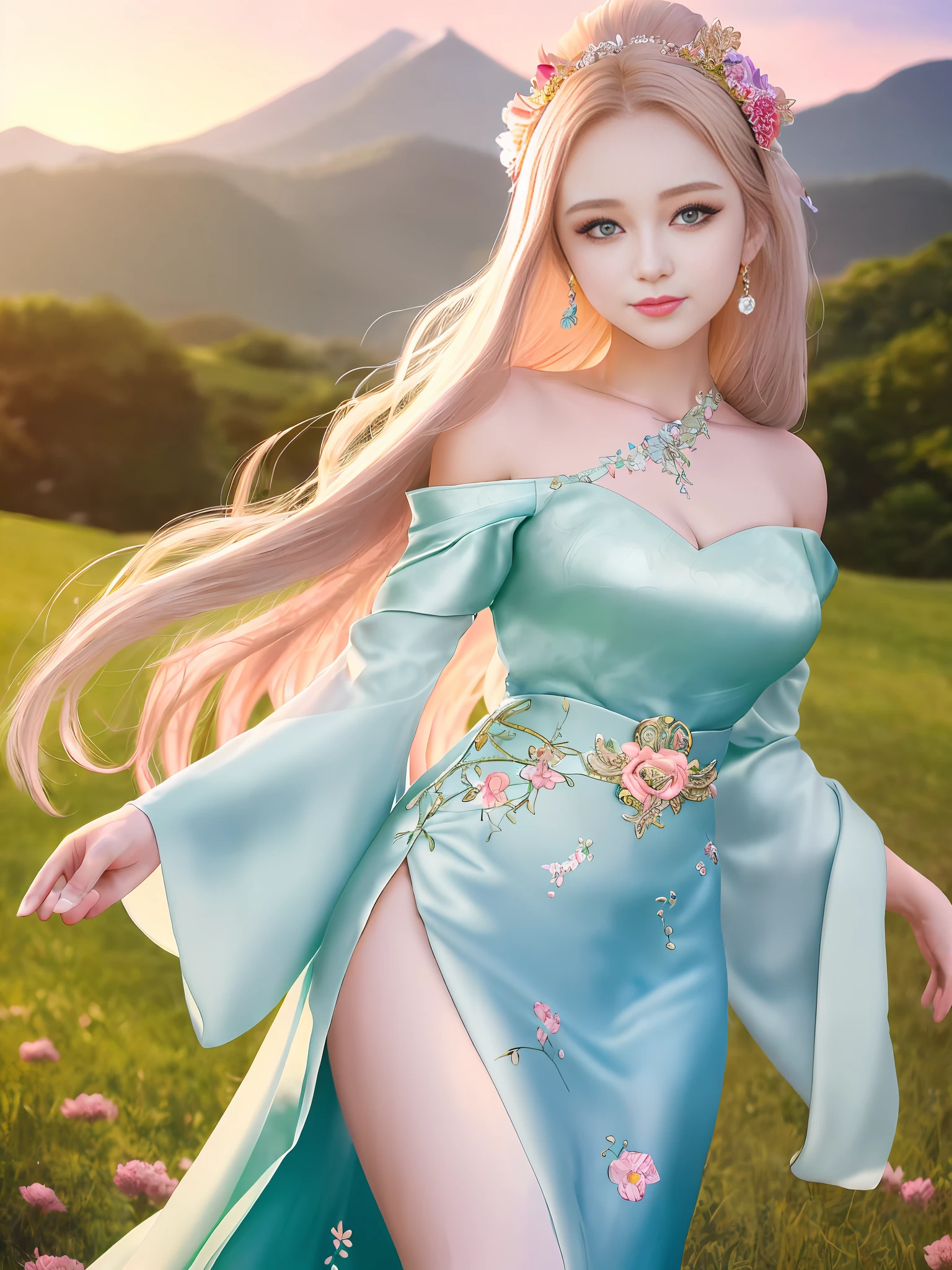 Masterpiece, highest quality, solo, (perfect face: 1.1), (high detail: 1.1), dramatic, dynamic pose, 1girl, breasts, blonde hair, bright blue eyes, solo, cleavage, delicate and characteristic pretty face, long hair, curved, small breasts, hanfu, thighs, intricate patterns, bare shoulders, slender and tall figure, pink lips, she is like a fairy in the mortal world, elegant and elegant. Her dress was made of silk and dyed a soft pink color to match the glow of the sky. The dress has intricate embroidery of flowers and birds, showing her elegant taste and noble status. She wore a jade-colored hairpin on her long black hair, which fluttered behind her as she ran. Her face is delicate and flawless, with bright eyes and rosy lips. She smiled and enjoyed the freedom and beauty of nature. The fields are covered with green grass and colorful wildflowers that sway in the breeze. The sun sets behind the mountains, casting a warm glow on the entire scene. She looks like a painting, a dream, a poem. Japanese pastel tones.