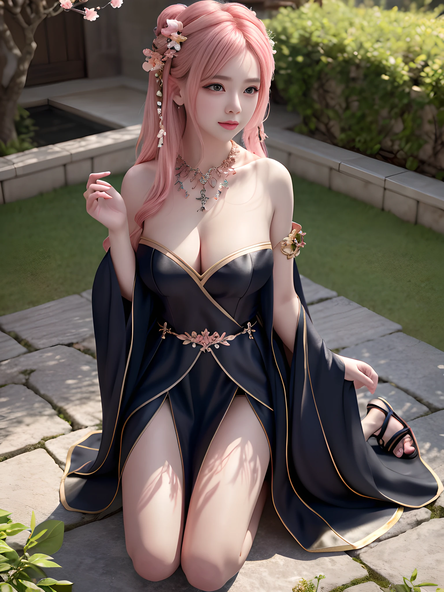 Best Quality, Masterpiece, High Resolution, 4K, 8K, Realistic, Real, 1Girl, Solo, Mature Girl, Fairy, Detailed Hanfu, Black Dress, Bandeau, Leaky Shoulders, Bare Legs, Medium chest, kneeling, facing the audience, exuding charm, Pink hair, hair accessories, necklaces, jewelry, beautiful face, big eyes, blush, star pupils, busty figure, outdoor, courtyard, full of peach blossoms, edge lighting, two-tone lighting, (high detail skin: 1.2), 8k uhd, dslr, Soft light, high quality, volumetric light, peek, photo, background bokeh