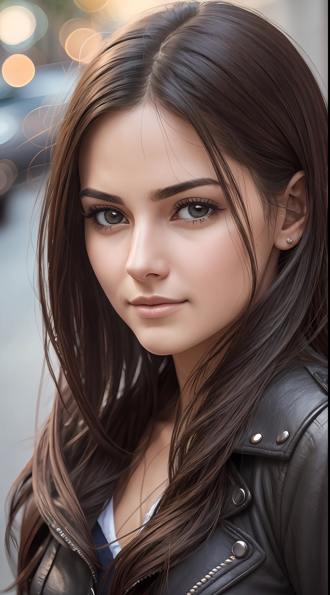 Close up shot, Woman in front, with ??????????????, on the street, straight eyes, straight nose, straight and closed mouth, fleshy mouth, ultra realistic photo with great details, portrait of woman from the front, perfect lighting, DSRL, 4k, rich in details in the face, eyes, mouth, nose and hair, masterpiece. --auto --s2