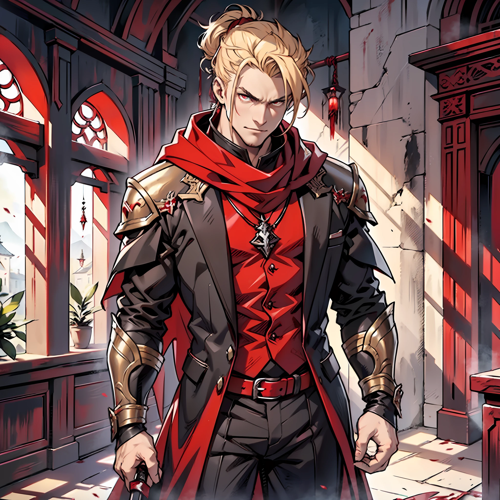 elegant man, strong physique, scarlet red robe, black colored social pants, black noble blouse, red boots, messy light blonde hair, evil look, hair up to neck height, dark red colored eyes, noble appearance, holding a spear of blood, ancient village, bloody village, medieval setting, mouth fangs, shadowy creatures nearby, Red scarf.