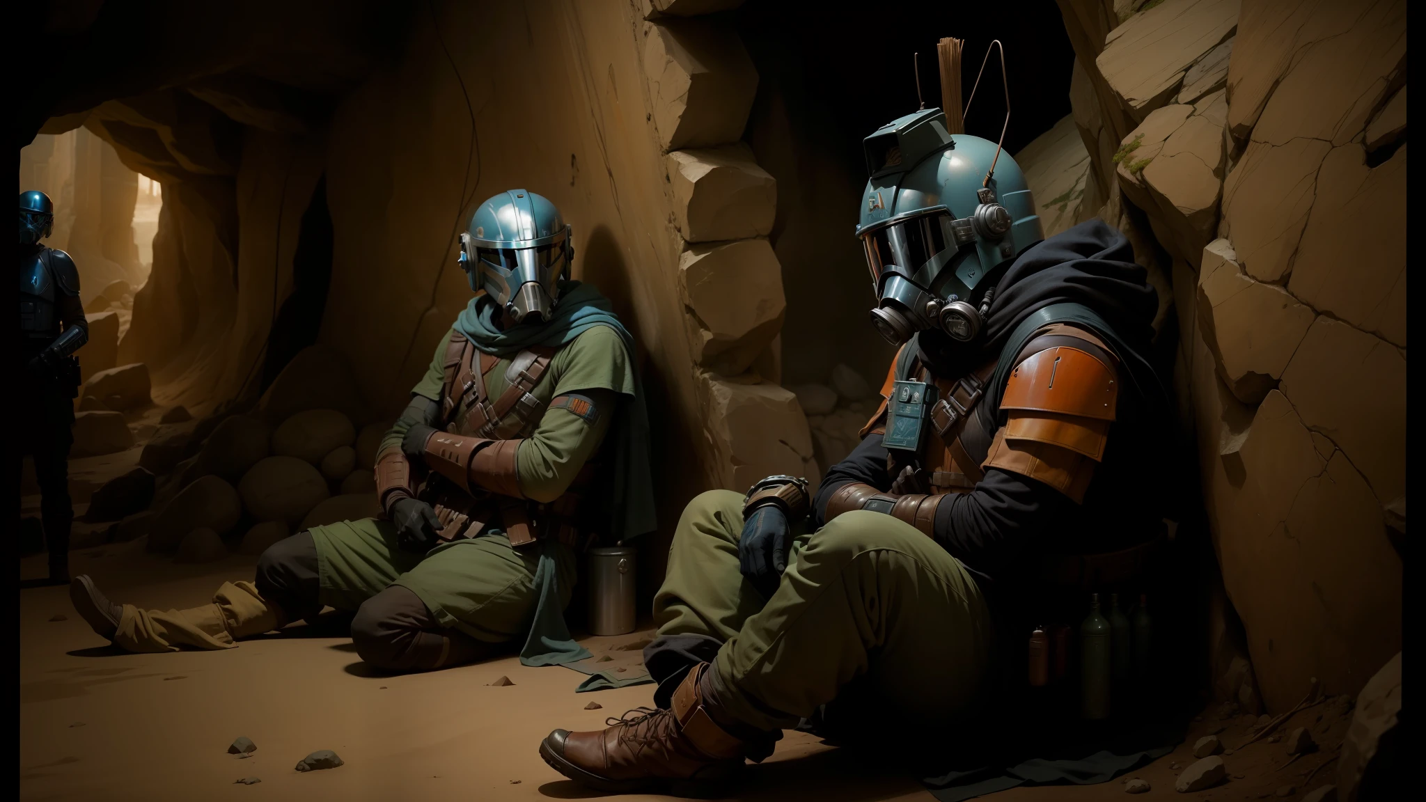 two men in gas masks sit in a cave with a wall, still from the mandalorian show, wearing inka clothes, jenna coleman as the doctor, moebius aesthetic, dry dirt, pale blue faces, waiting to strike, inspired by Mór Than, bohemian fashion, jackstraws, tan --auto --s2