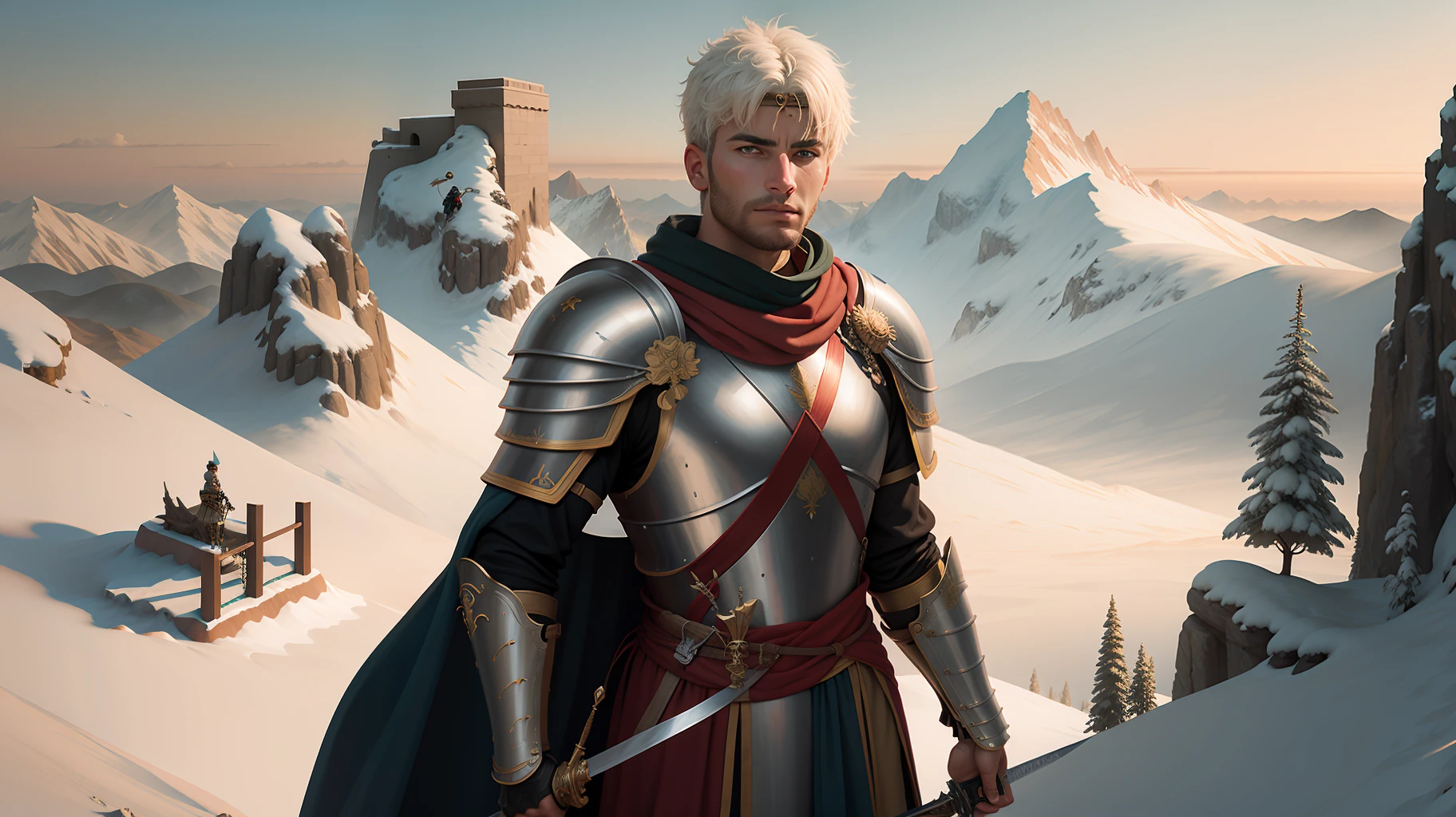 Roman soldier looking at the viewer,holding a beautiful sword, full of details, beautiful armor full of details, high on a mountain, beautiful landscape