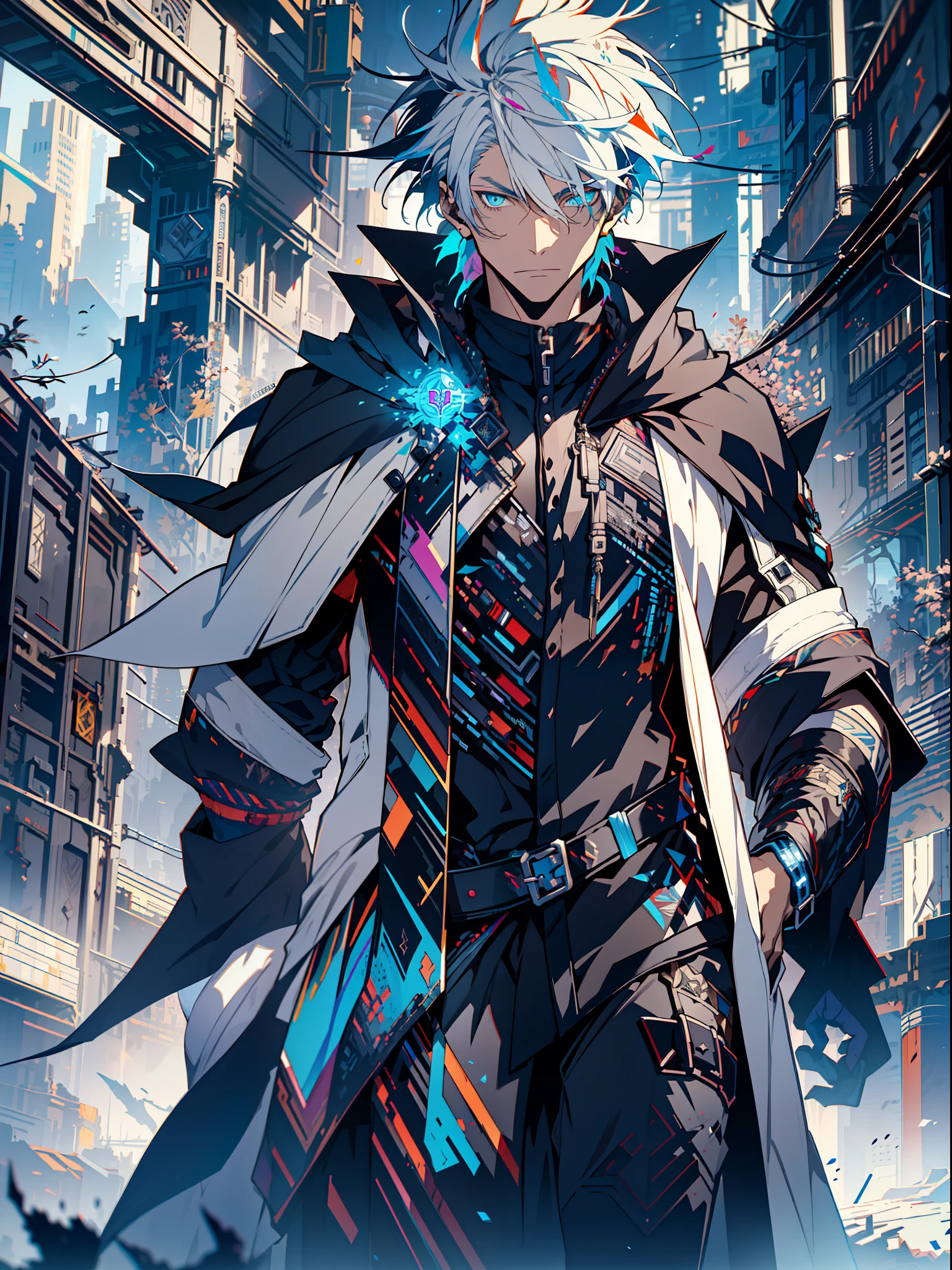 Cyberpunk male, fantasy world, dark background, clean design, epic instagram, artstation, colorful paint splatter, silhouette, hyper detailed intricate details, unreal engine, fantasy, intricate details, splash screen, complementary colors, Fantasy concept art, 8k resolution, deviantart masterpiece, oil painting, heavy strokes, paint dripping, (isolated on white background: 1.3), rainbow skin, (((handsome young man))), ((teenage:1.5) ), (glowing blue eyes), ((light eyes)), ((((short white hair: 1.1))), ((black clothes)), (prince\\(indifferent expression\\),, ( ((Wears high detail luxurious black robe))), white hair, frost magic, ((chest) --v 6