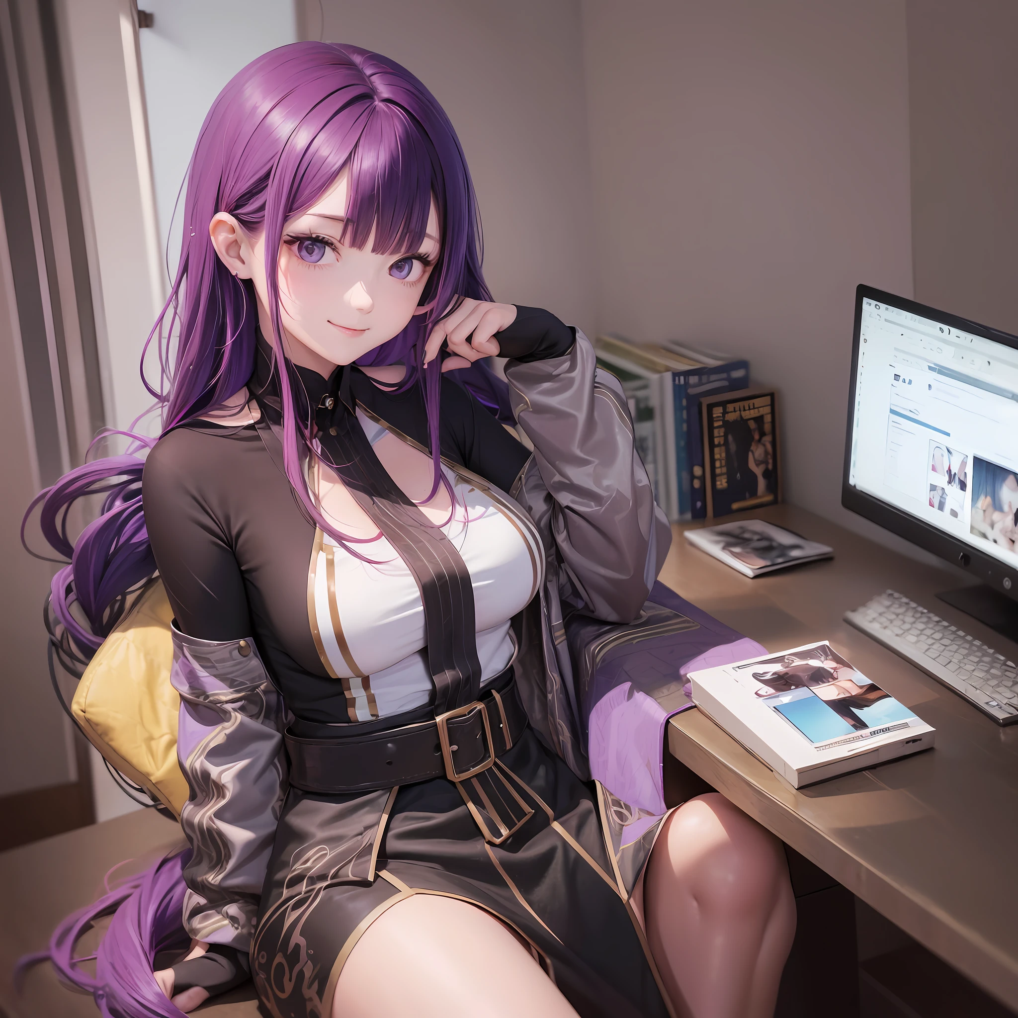 a girl sitting on chair, at office, hair long to her shoulder, dark red colored hair, floating hair NovaFrogStyle, glow skin, smiling face, big eyes with brown colored eyeliner, circular irris, medium breasts, purple colored blouse wearing, 32k res, high performance --auto --s2