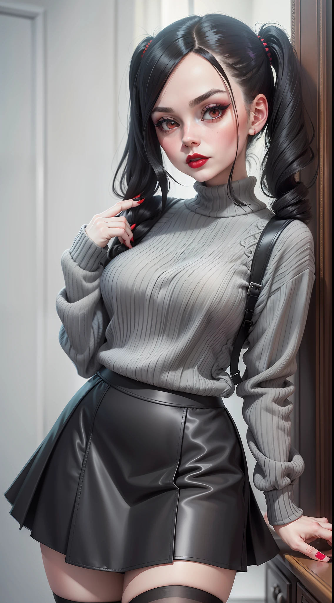 Adult 30 years old Wednesday Addams in a gray sweater, black skirt, black socks, two pigtails, bright red lipstick on her lips, gothic mansion