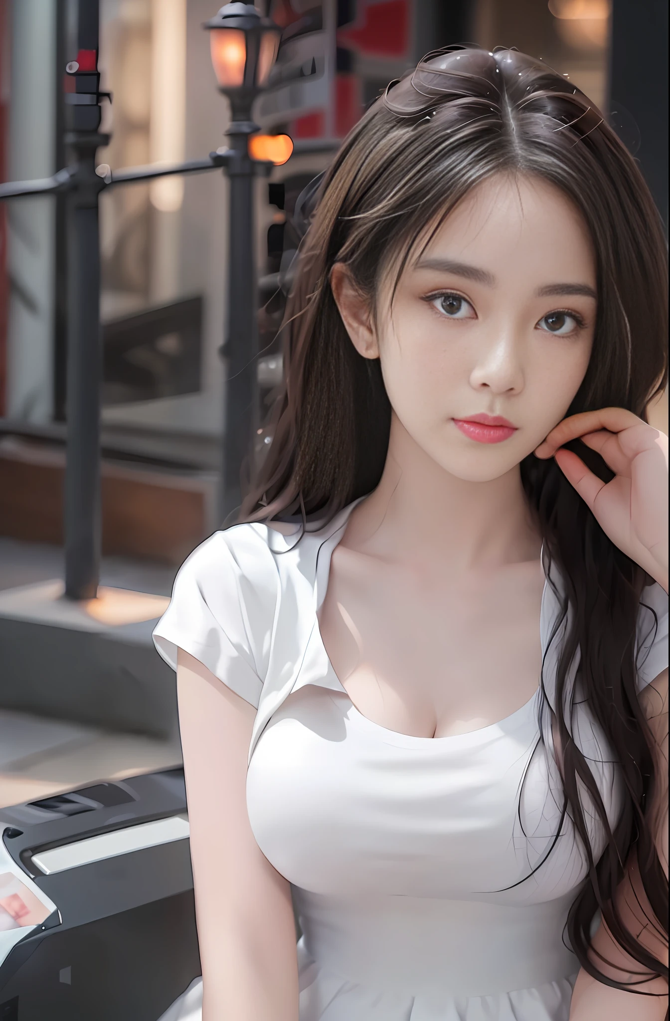 best quality, masterpiece, 1 girl, beautiful face, (photo photorealistic:1.3), edge lighting, (high detail skin:1.2), 8k ultra hd, dslr camera, high quality, high resolution, 4k, 8k, bokeh, ridiculous, best ratio four fingers and one thumb, (realistic:1.3), cute 1girl, wearing white t-shirt, medium breasts, white short skirt,