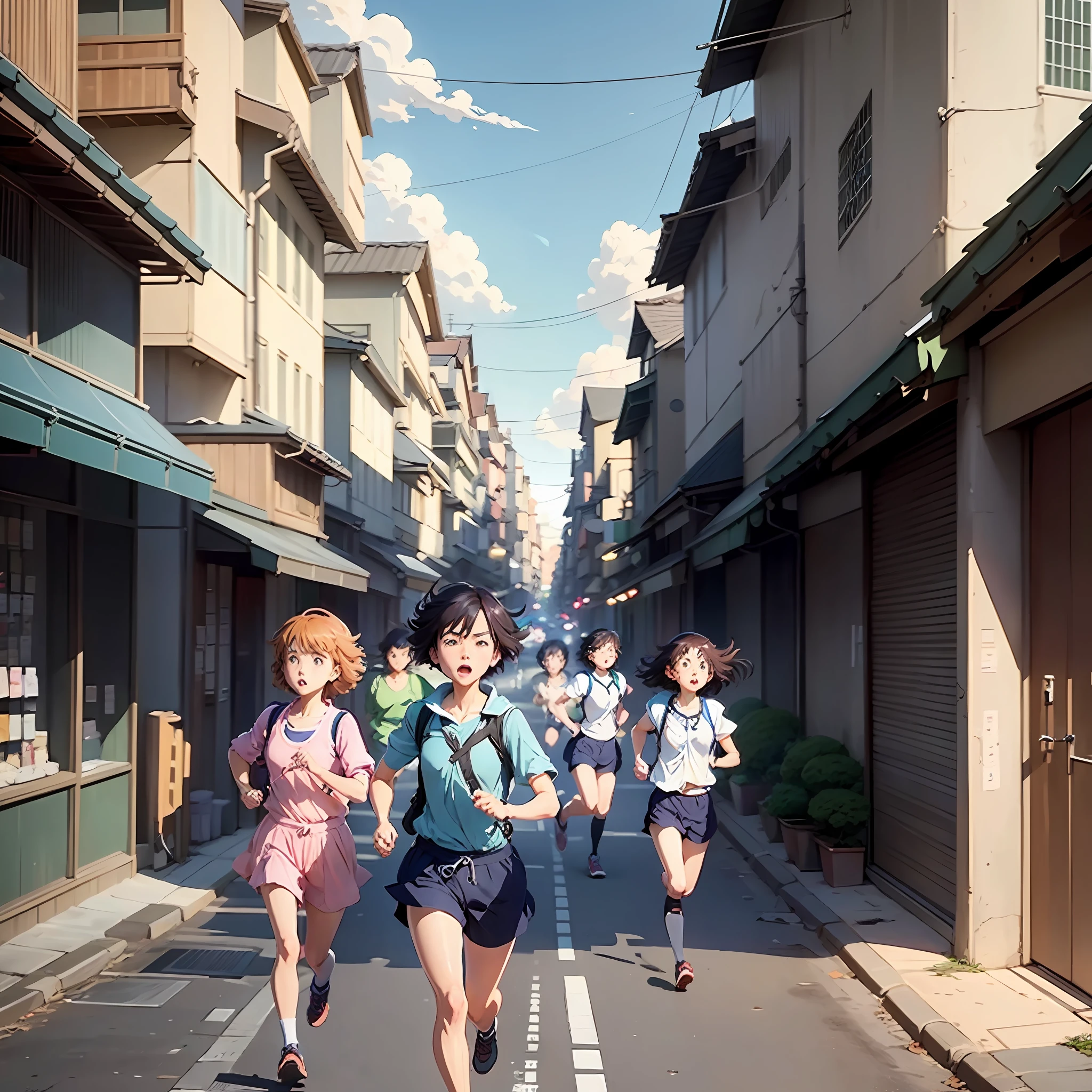 There is a poster of a group of children running on the street, in Kyoto animation style, anime girls are running, in Sei Shinkai Makoto style, Japanese animation style, Makoto Shinkai style, Makoto Shinkai !!, ((Shinkai Makoto)), Kyoto animation key vision, Makoto Shinkai film, fine facial features --auto --s2