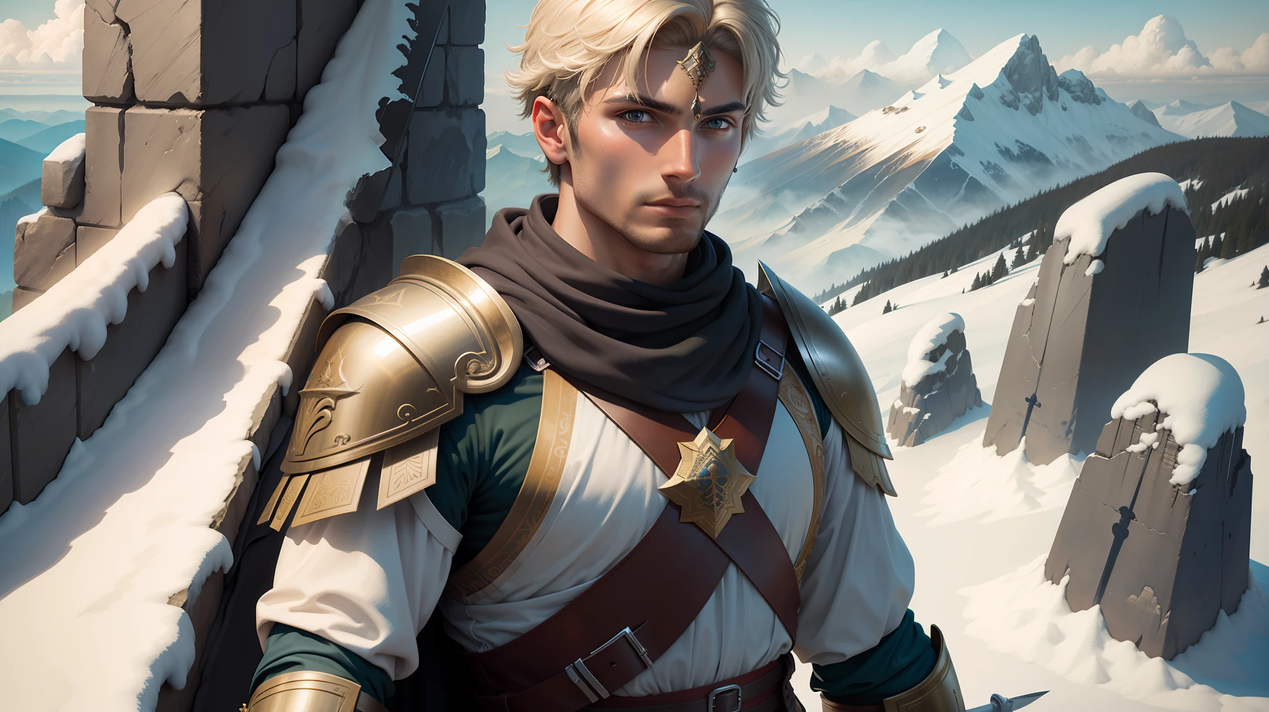 Roman soldier looking at the viewer,holding a beautiful sword, full of details, beautiful armor full of details, high on a mountain, beautiful landscape