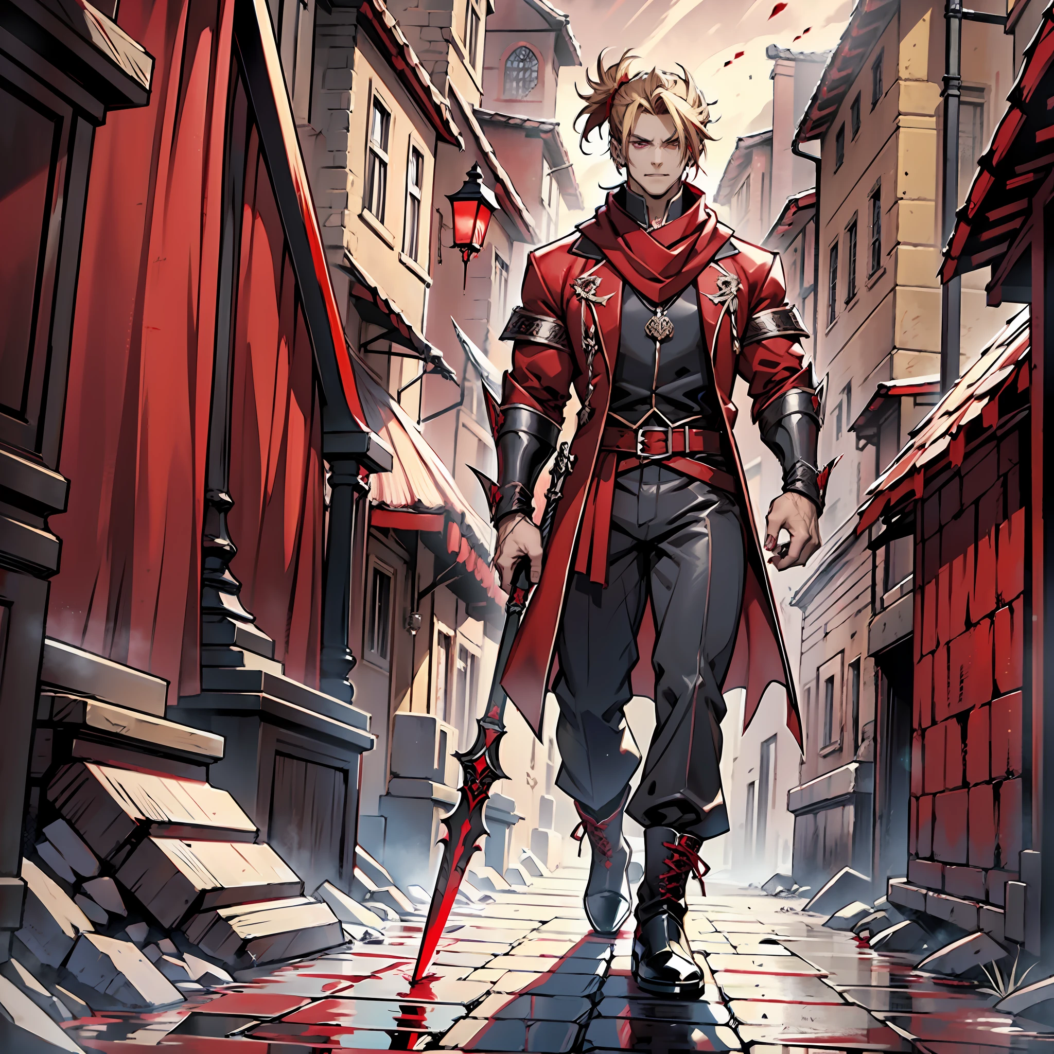 elegant man, strong physique, scarlet red robe, black colored social pants, black noble blouse, red boots, messy light blonde hair, evil look, hair up to neck height, dark red colored eyes, noble appearance, holding a spear of blood, ancient village, bloody village, medieval setting, mouth fangs, shadowy creatures nearby, Red scarf.