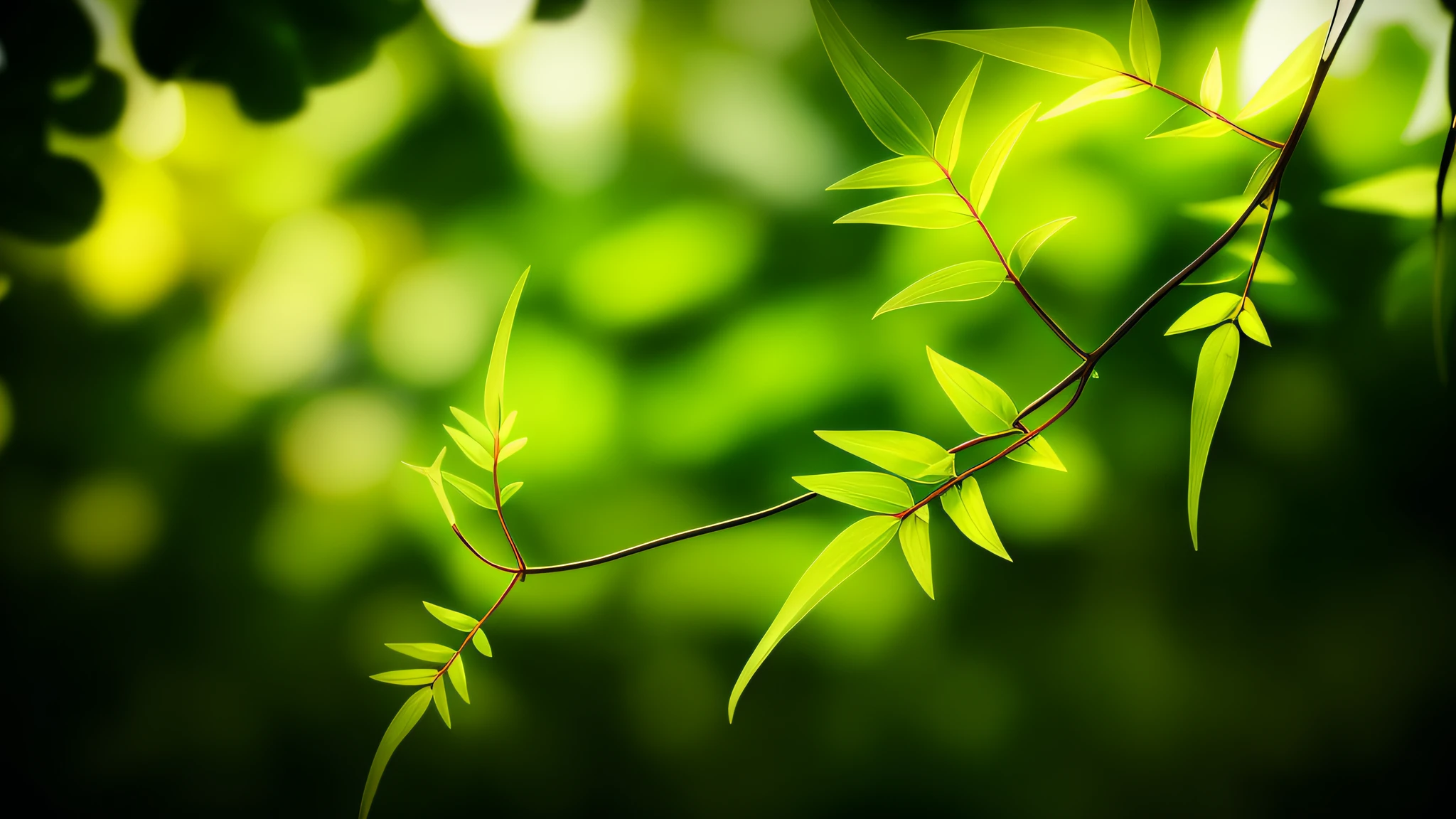 Hyper-realistic, ultra-high-definition, high detail, close up of branches with green leaves, green leaves, green leaves, leaves and vines, leaves on branches, woody leaves, twisted leaves, wild leaves, tendrils in background, green plant growth, green plants, vibrant greenery, green plants, leaves in foreground, entangled leaves, twigs and leaves, backlit green leaves, background bokeh, green vibe