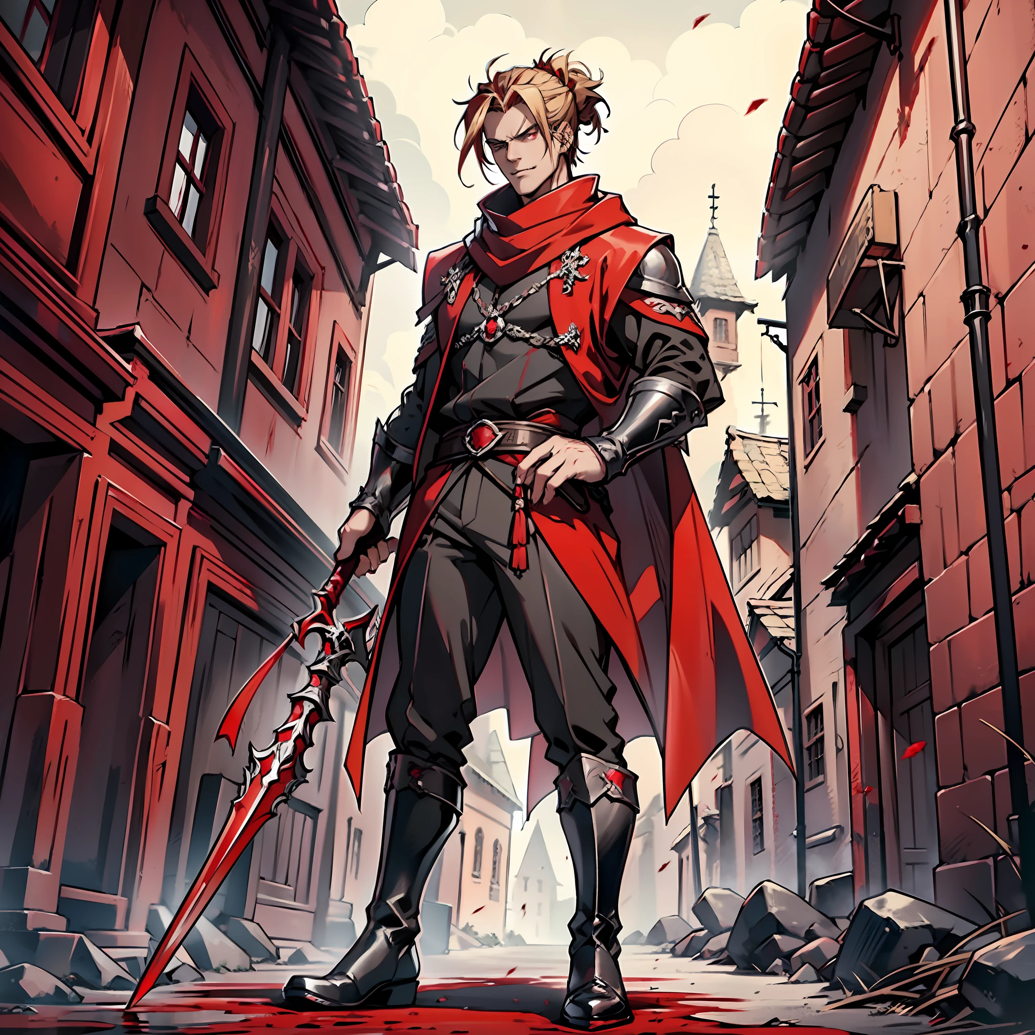 elegant man, strong physique, scarlet red robe, black colored social pants, black colored social blouse, red boots, messy light blonde hair, evil look, hair up to neck height, dark red colored eyes, noble appearance, holding a spear of blood, old village, bloody village, medieval setting, mouth fangs, shadowy creatures nearby,  Red scarf, gorgeous man.