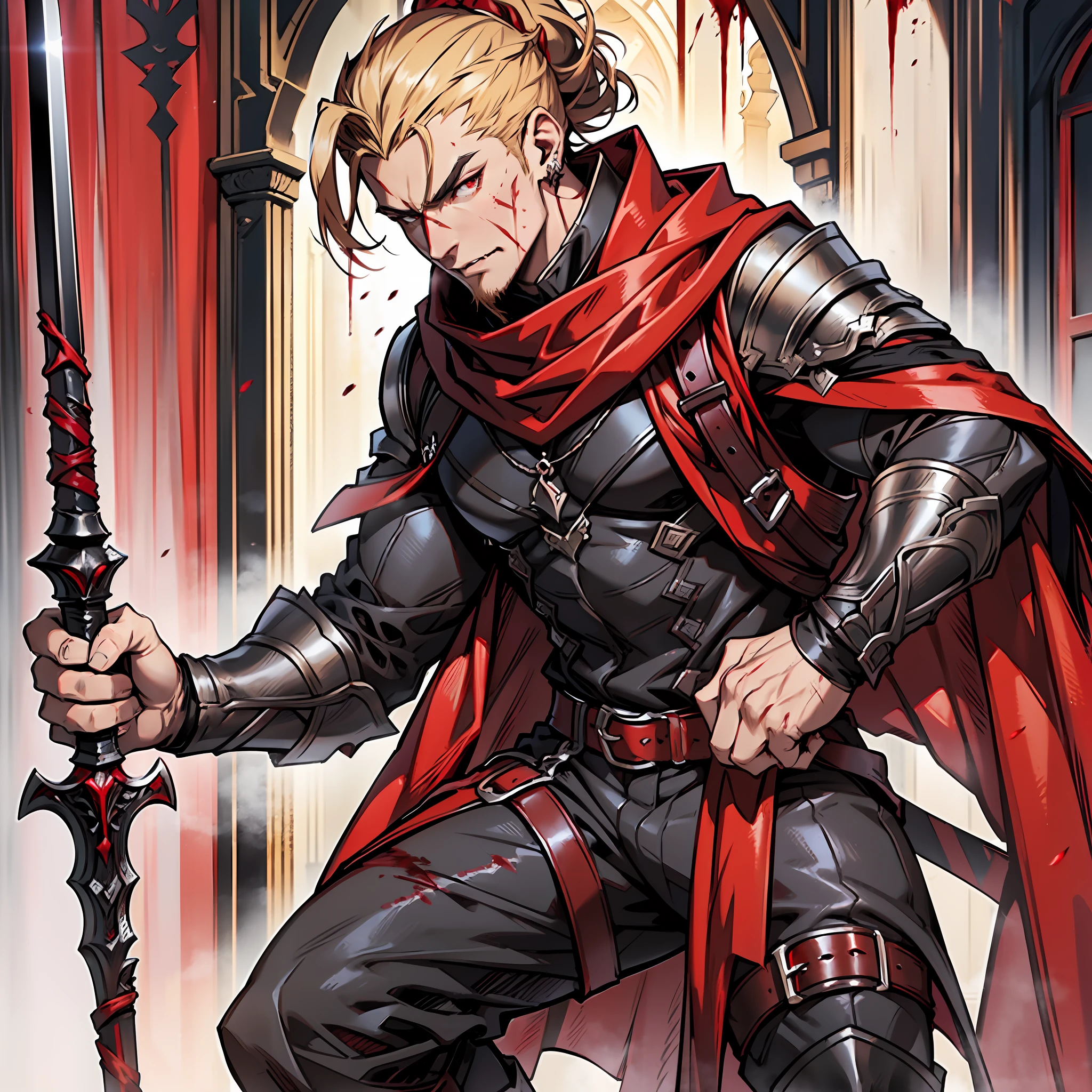 elegant man, strong physique, scarlet red robe, black colored social pants, black colored social blouse, red boots, messy light blonde hair, evil look, hair up to neck height, dark red colored eyes, noble appearance, holding a spear of blood, old village, bloody village, medieval setting, mouth fangs, shadowy creatures nearby, Red scarf, gorgeous man.