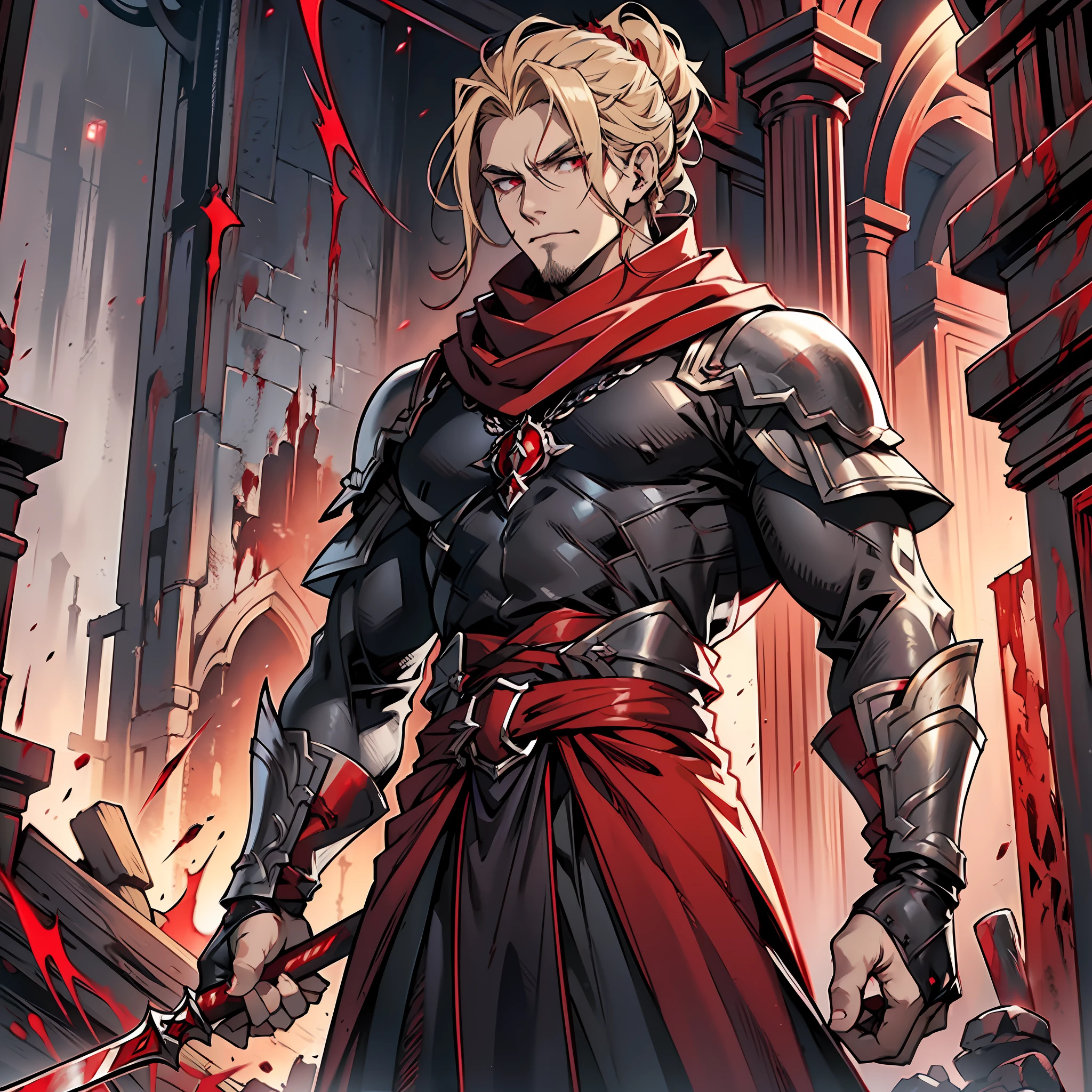 elegant man, strong physique, scarlet red robe, black colored social pants, black colored social blouse, red boots, messy light blonde hair, evil look, hair up to neck height, dark red colored eyes, noble appearance, holding a spear of blood, old village, bloody village, medieval setting, mouth fangs, shadowy creatures nearby, Red scarf, gorgeous man.