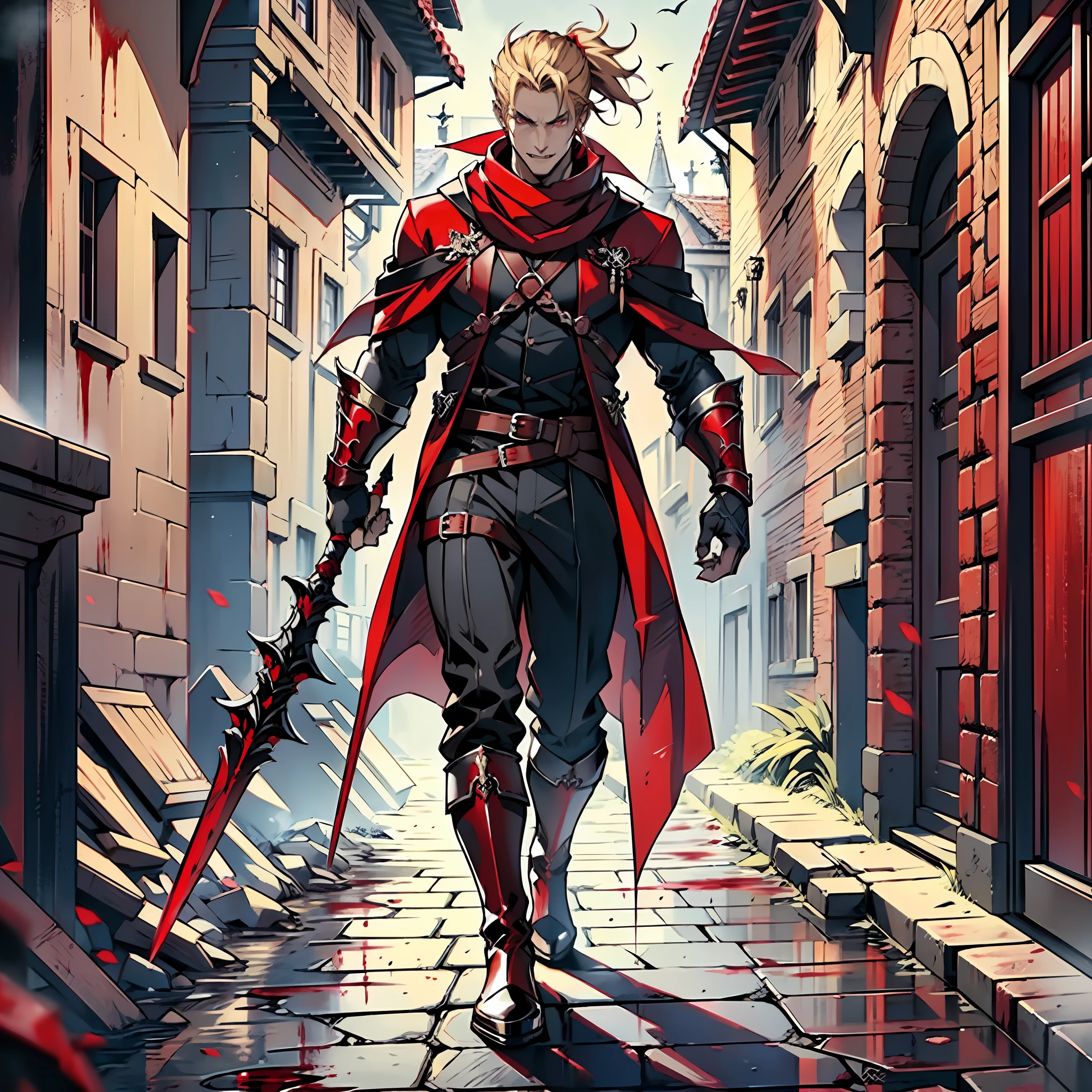 elegant man, strong physique, scarlet red robe, black colored social pants, black colored social blouse, red boots, messy light blonde hair, evil look, hair up to neck height, dark red colored eyes, noble appearance, holding a spear of blood, old village, bloody village, medieval setting, mouth fangs, shadowy creatures nearby, Red scarf, gorgeous man.