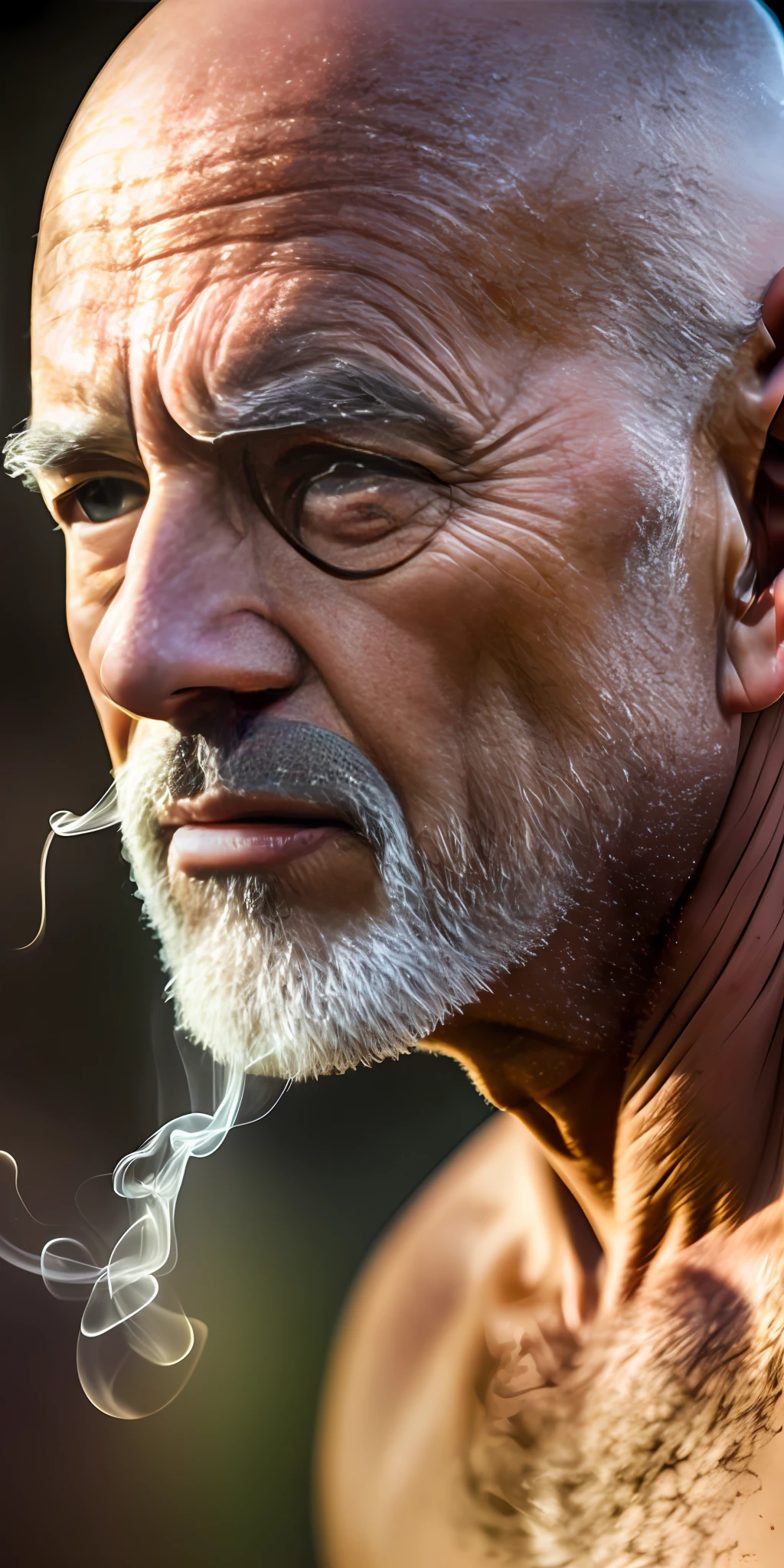 (Best Quality, Masterpiece), Best Quality, High Resolution, Masterpiece, Best Detail, 8k, Close Up, Realistic, 35mm, Intricate Detail, HDR, Intricate Detail, Ultra Detail, Natural Skin Texture, Surrealism, Sharp, Best Quality, High Resolution, Masterpiece, Highest Quality, 8k (Extreme Detail CG Unity 8K Wallpaper, Masterpiece, Highest Quality), (Exquisite Light and Shadow, Highly Dramatic Picture, Cinematic Lens Effect), A Bald Man with a Headband, No eyebrows, smoking, farm is background, reality, 8k, movie mode, masterpiece --auto --s2