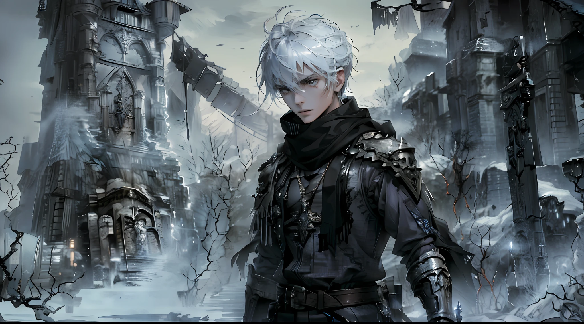 A young boy, of the highest quality, masterpiece, handsome, runic swordsman, engraved seal on the sword, modern clothing, fantasy world style, scarf, blade engraved with seal, trousers, he holds a sword inlaid with mysterious runes, the body of the sword flashes with a strange light, realistic, indifferent