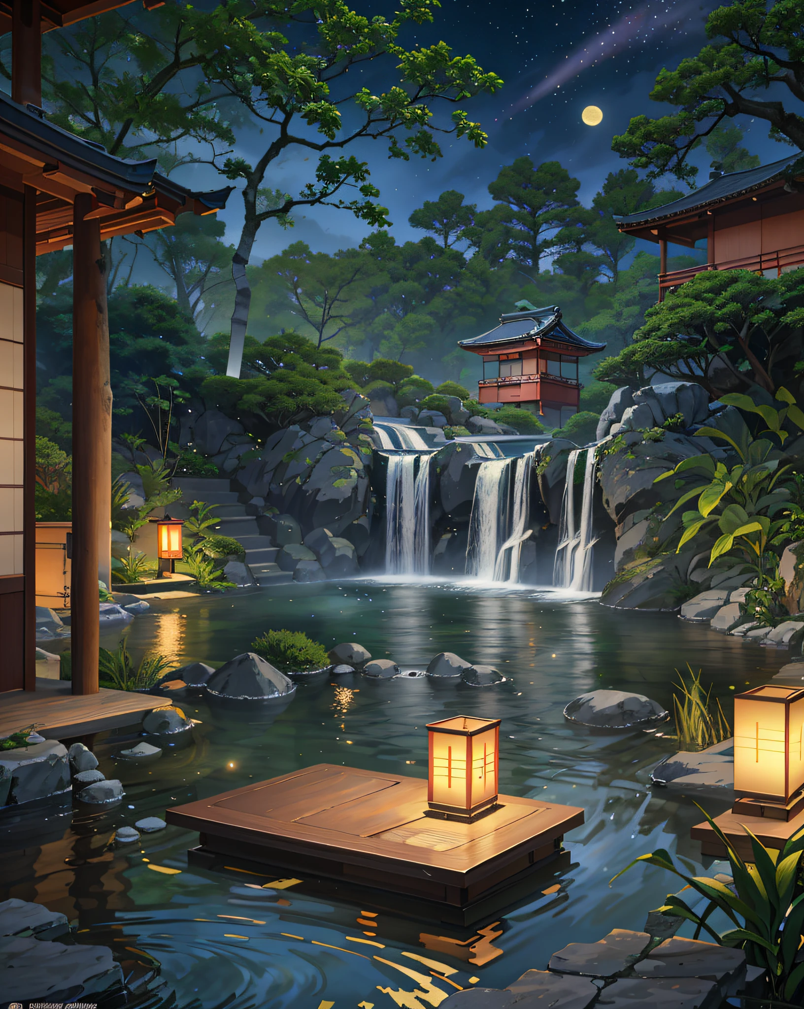 Edo period Japan architecture, garden, bamboo, lake, stone bridge, tree, waterfall, landscape, outdoors, rock, lotus, moon, night view, hot spring, water vapor, (illustration: 1.0), magnificent composition, realistic lighting, high resolution detail, masterpiece, best quality, (highly detailed cg unified 8k wallpaper), (best quality)