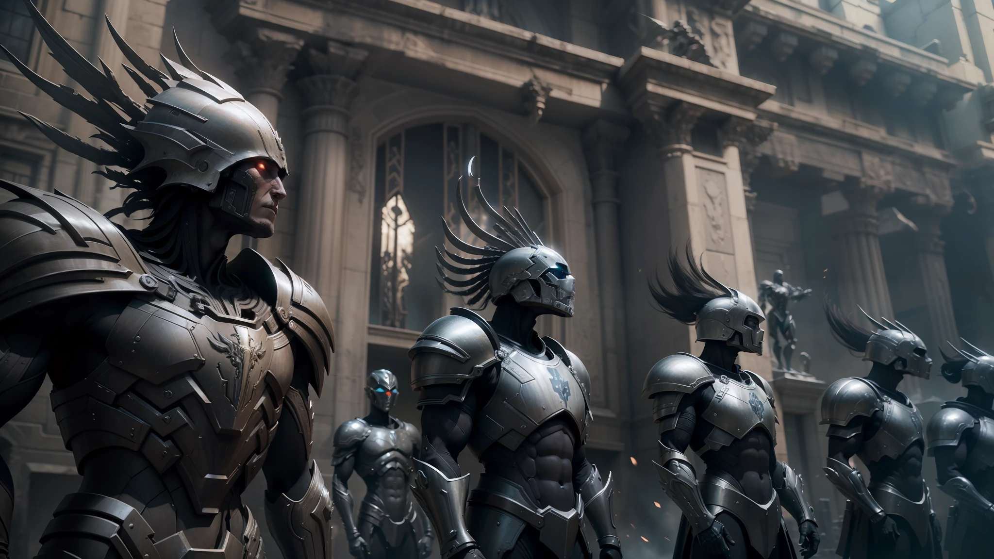 a close up of a group of people in armor standing in front of a building, in screenshot from the 300 movie, movie still of aztec cyborg, unreal 3 d, frame from prometheus movie, undead soldiers in background, nekro xiii, scene from prometheus movie, scene from the movie prometheus, unreal engine 3d, unreal engine 5 : : --auto --s2