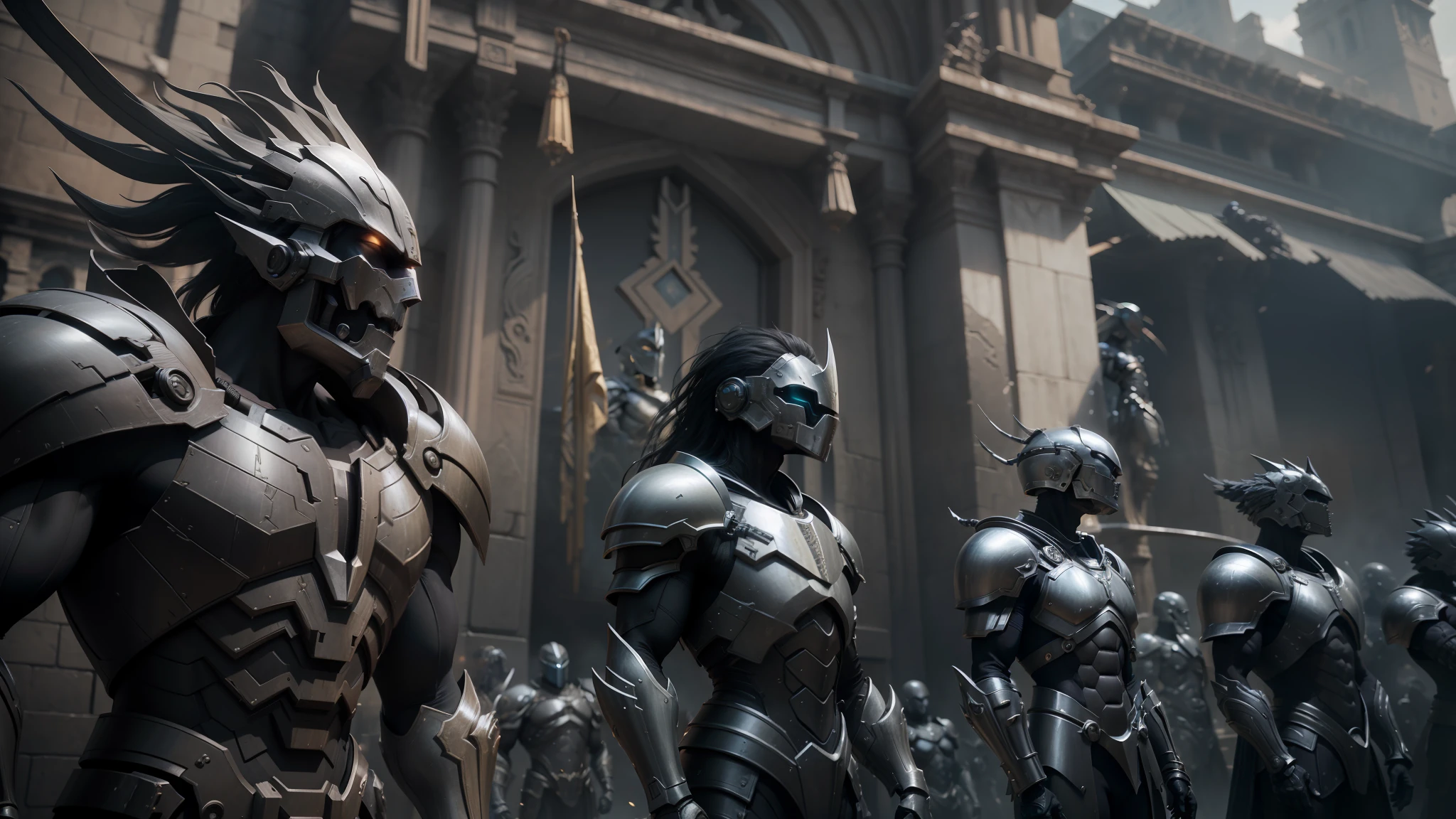 a close up of a group of people in armor standing in front of a building, in screenshot from the 300 movie, movie still of aztec cyborg, unreal 3 d, frame from prometheus movie, undead soldiers in background, nekro xiii, scene from prometheus movie, scene from the movie prometheus, unreal engine 3d, unreal engine 5 : : --auto --s2