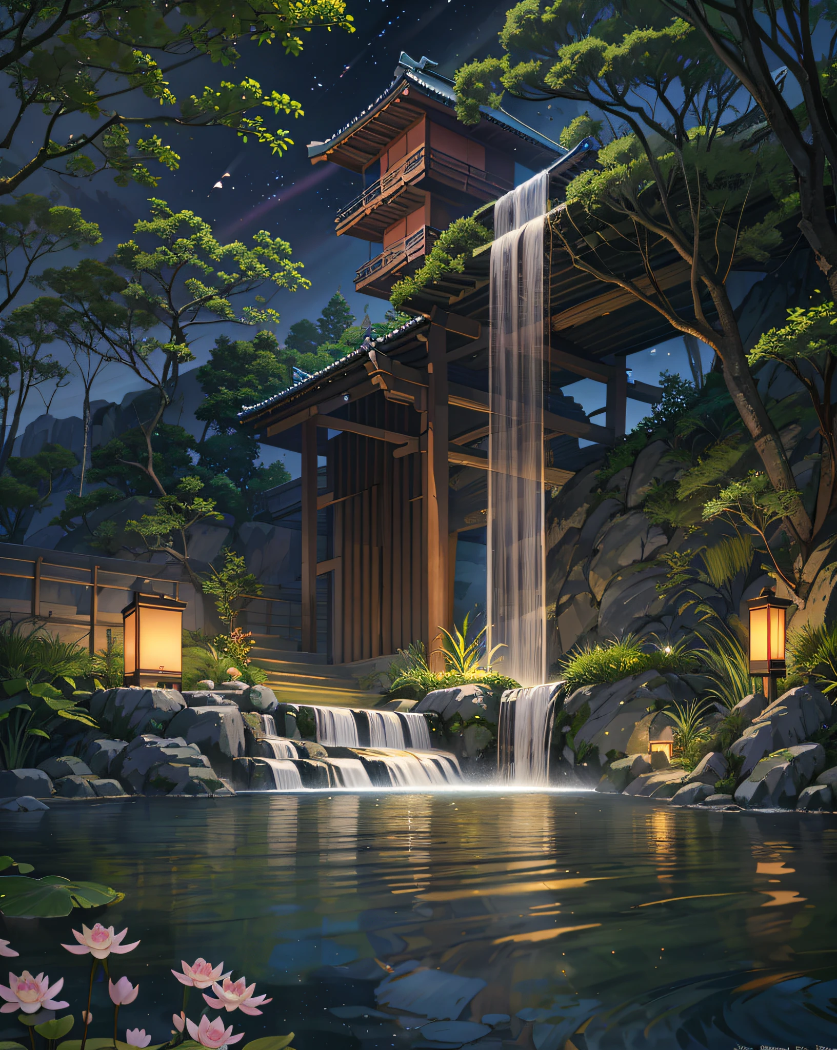 Edo period Japan architecture, garden, bamboo, lake, stone bridge, tree, waterfall, landscape, outdoors, rock, lotus, moon, night view, hot spring, water vapor, (illustration: 1.0), magnificent composition, realistic lighting, high resolution detail, masterpiece, best quality, (highly detailed cg unified 8k wallpaper), (best quality)