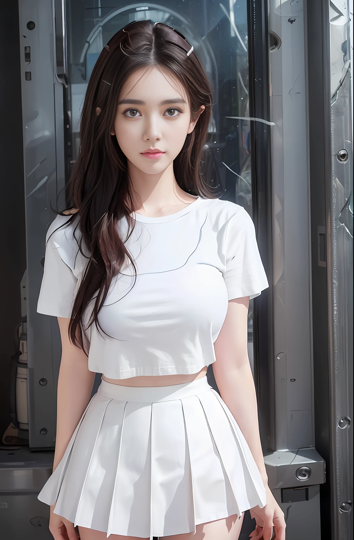 best quality, masterpiece, 1 girl, beautiful face, (photo photorealistic:1.3), edge lighting, (high detail skin:1.2), 8k ultra hd, dslr camera, high quality, high resolution, 4k, 8k, bokeh, ridiculous, best ratio four fingers and one thumb, (realistic:1.3), cute 1girl, wearing white t-shirt, medium breasts, white short skirt,