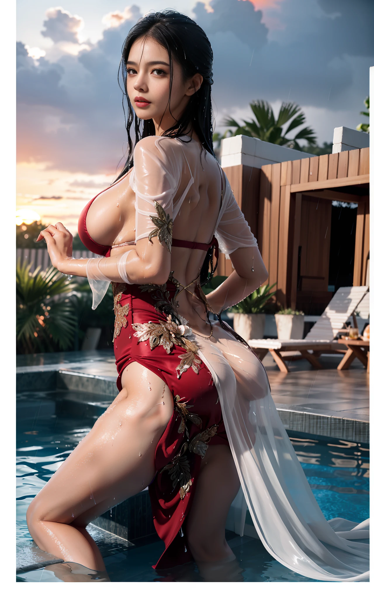 ????????????. Transparent gauze, boa hancock (one piece), realism, painting, (best quality, 4k, Masterpiece: 1.4), Beautiful Woman, Surreal, 1 Girl, ((Looking Back at the Sunset)), (Sagging ???????, Attractive Body: 1.6), Sit-ups: 1.1, Long Black Hair: 1.8, (Wet Rain, Rain Wet: 1.7), Ultra-detailed face, detailed lips, detailed eyes, double eyelids, ???? low-necked dress, open neckline, hanging ???????, side pose, visible curves, pool party, poolside, red transparent robe, muscle-turning legs