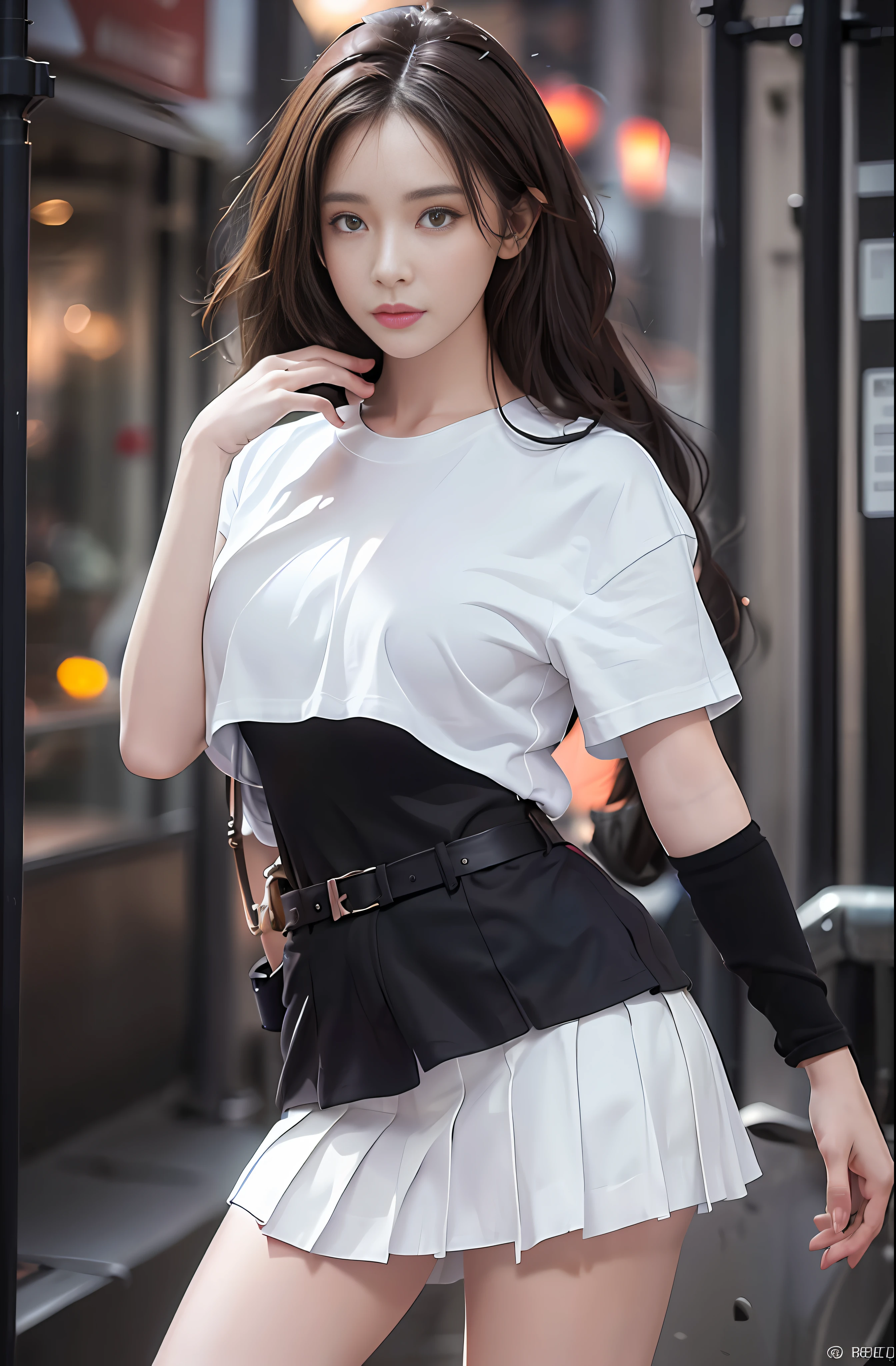 best quality, masterpiece, 1 girl, beautiful face, (photo photorealistic:1.3), edge lighting, (high detail skin:1.2), 8k ultra hd, dslr camera, high quality, high resolution, 4k, 8k, bokeh, ridiculous, best ratio four fingers and one thumb, (realistic:1.3), cute 1girl, wearing white t-shirt, medium breasts, white short skirt,